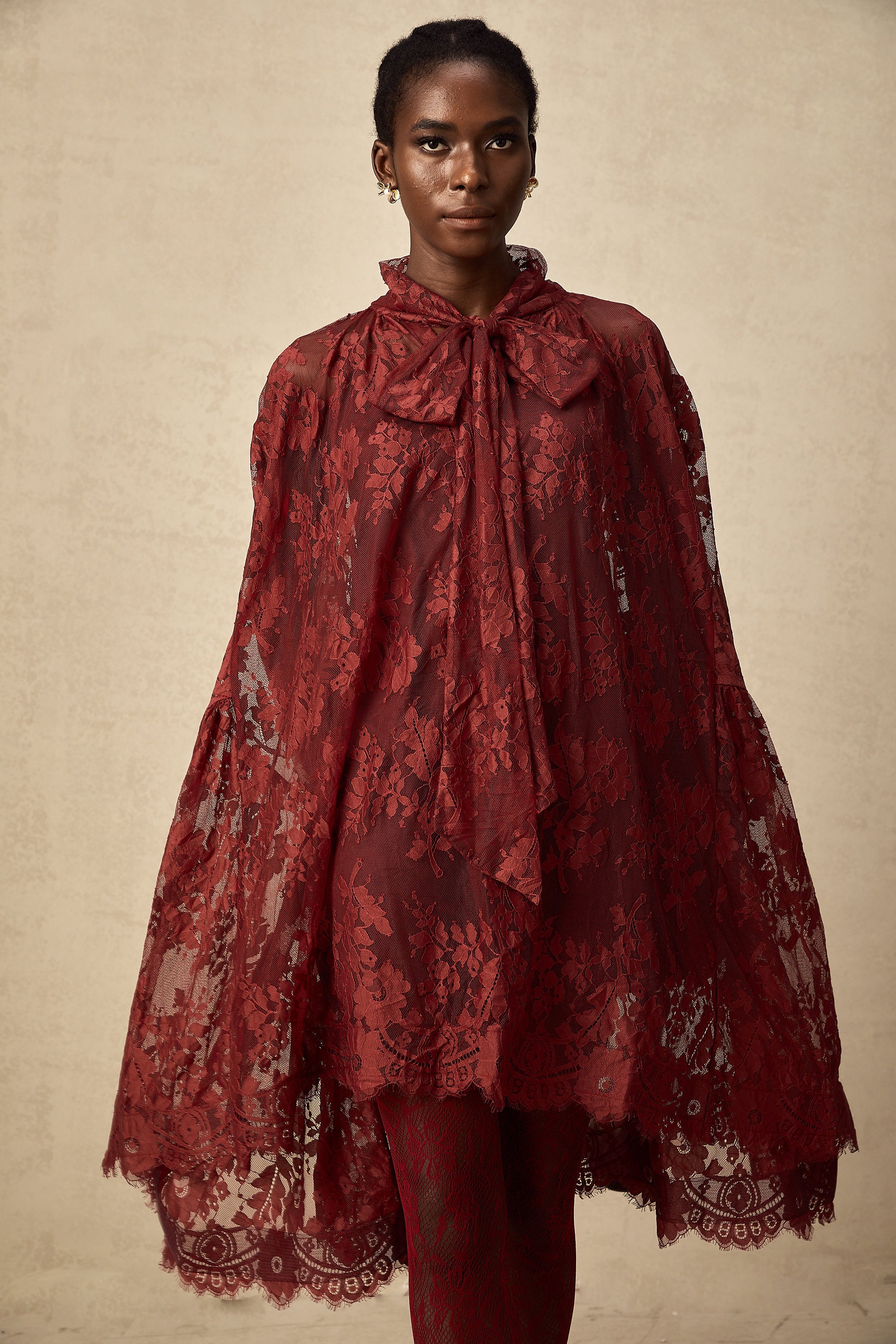 Coline red chantilly lace oversize dress