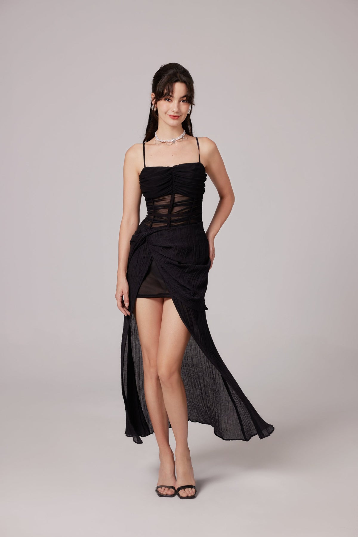 Guinevere black sheer asymmetrical midi dress