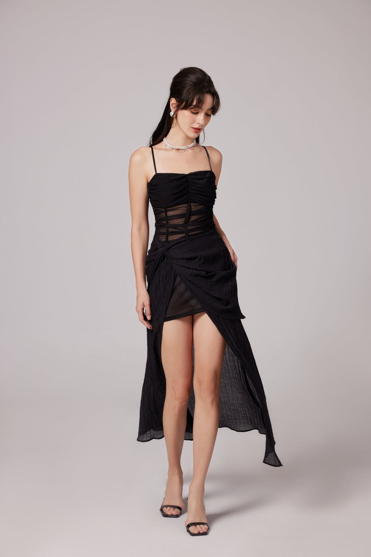 Guinevere black sheer asymmetrical midi dress