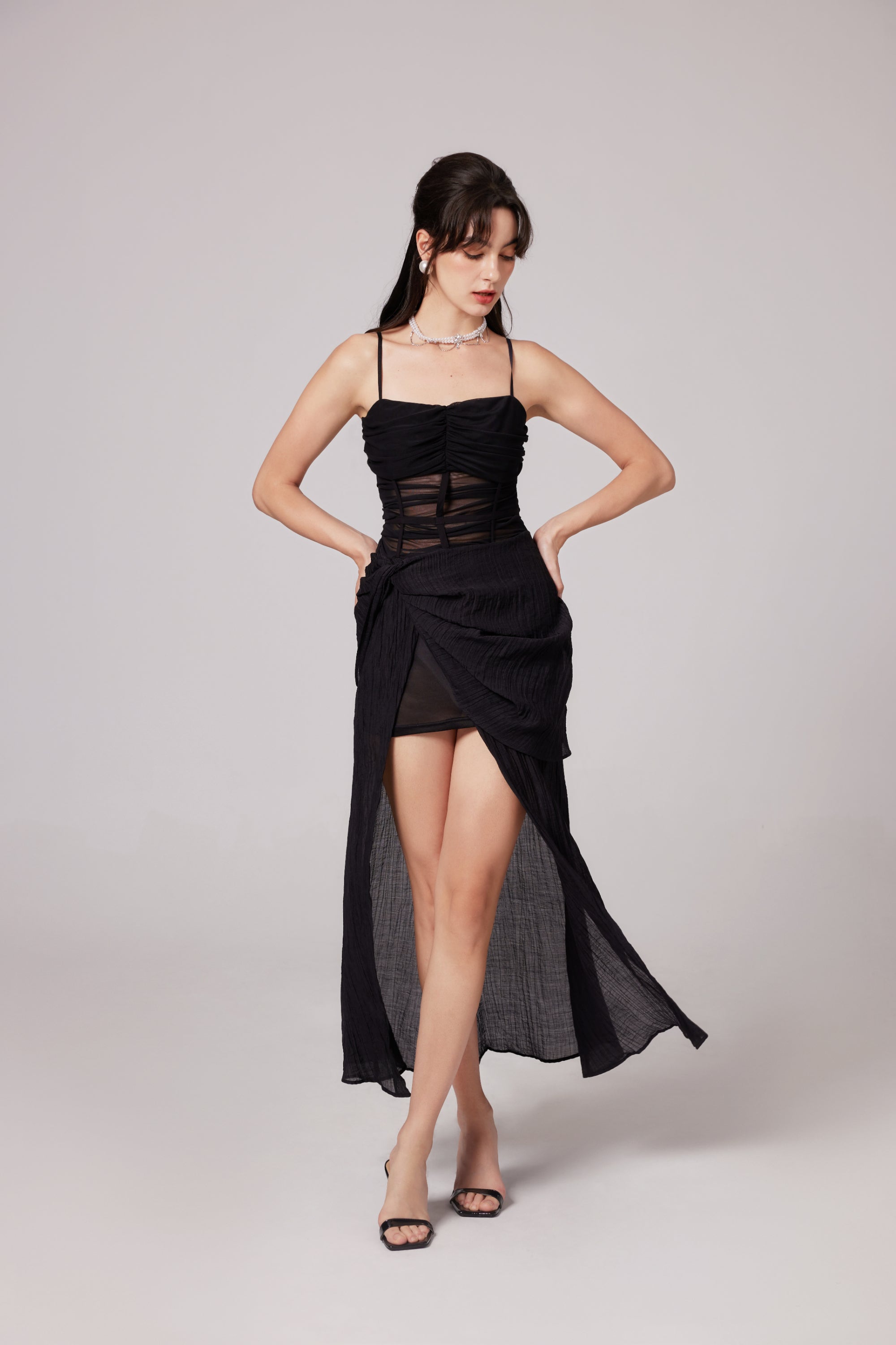 Guinevere black sheer asymmetrical midi dress