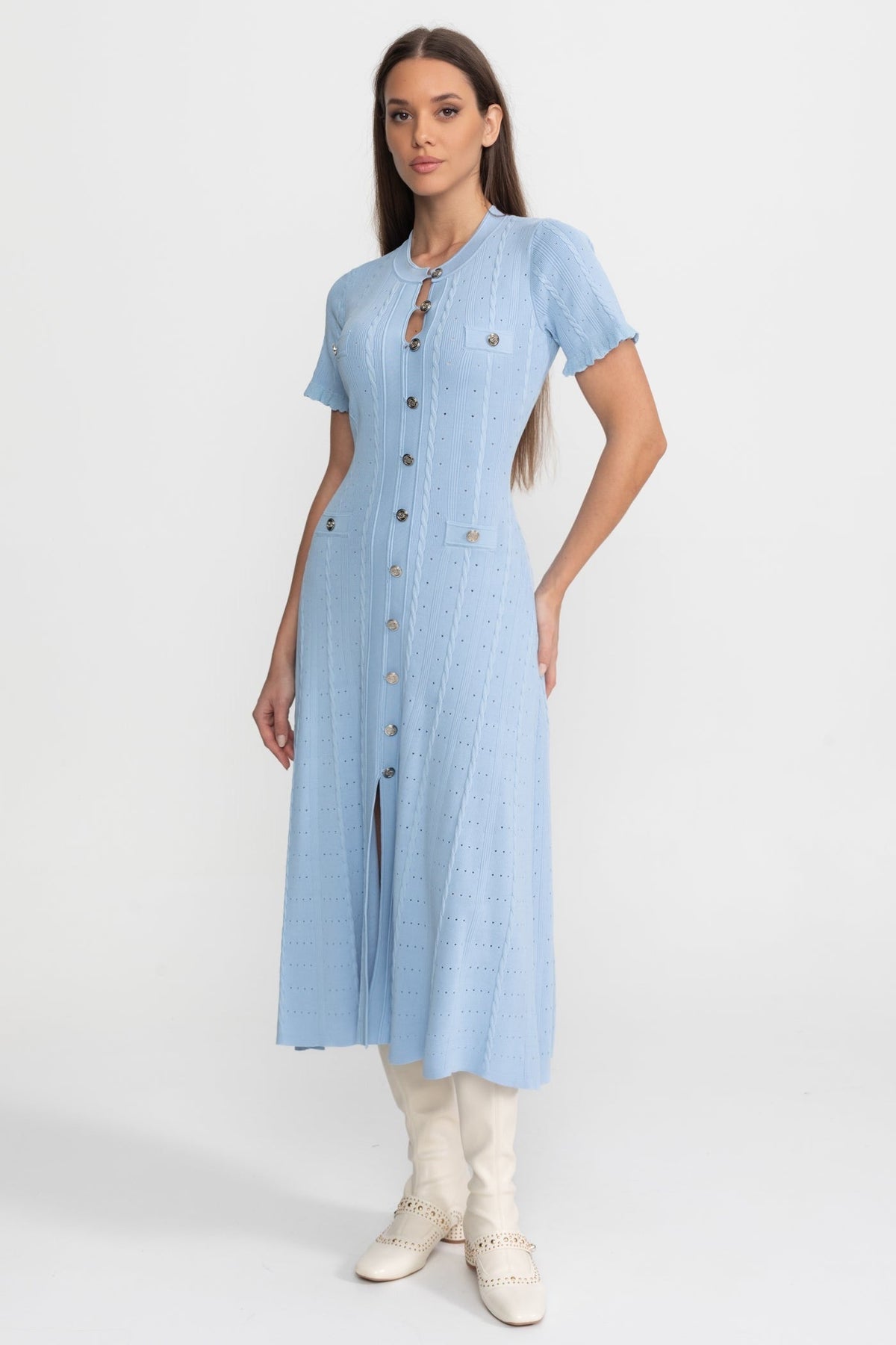 Corinne Baby Blue Knit Button-Front Midi Dress with Scalloped Sleeves