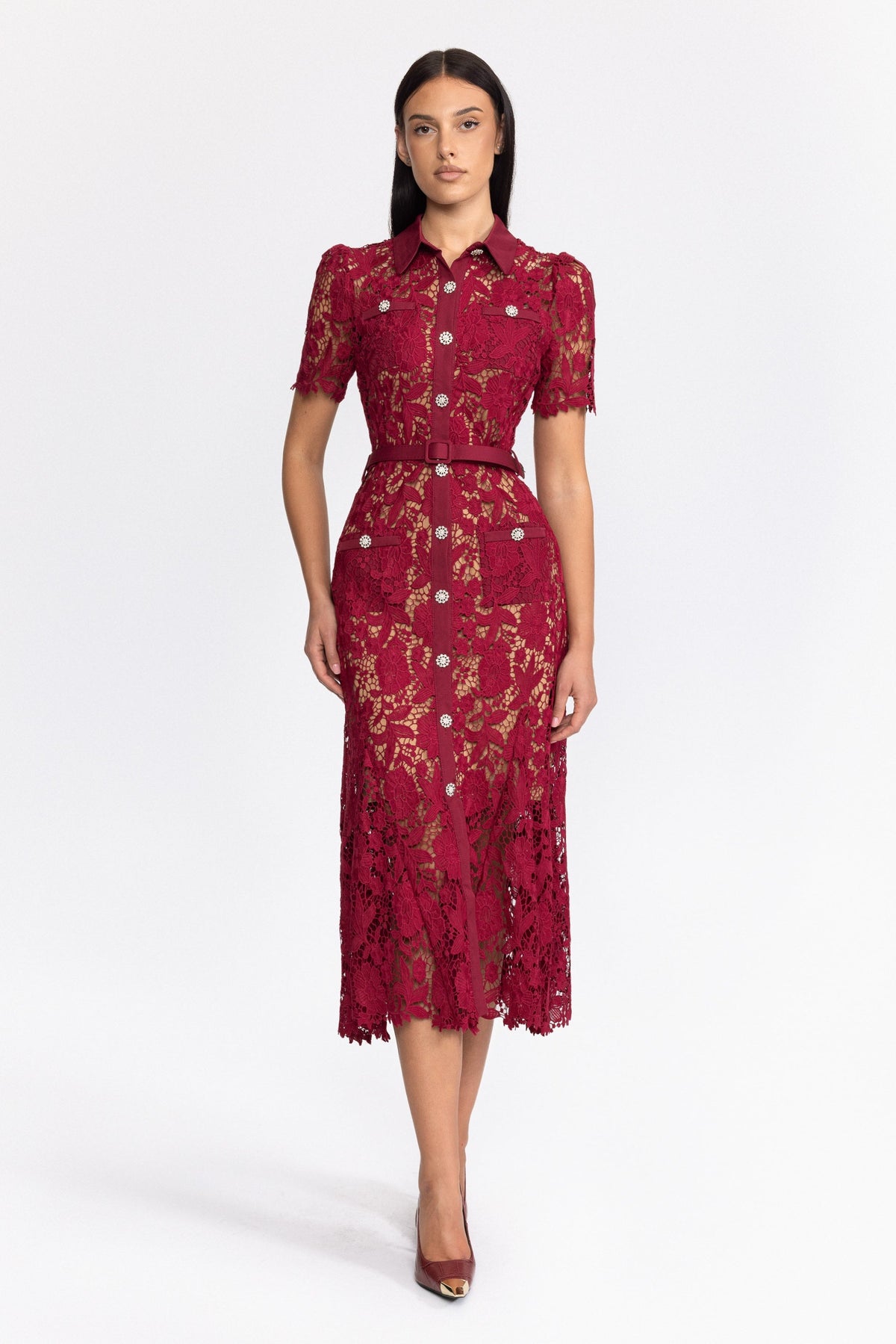 Guipure Lace Crystal Button Shirt Midi Dress - Wine