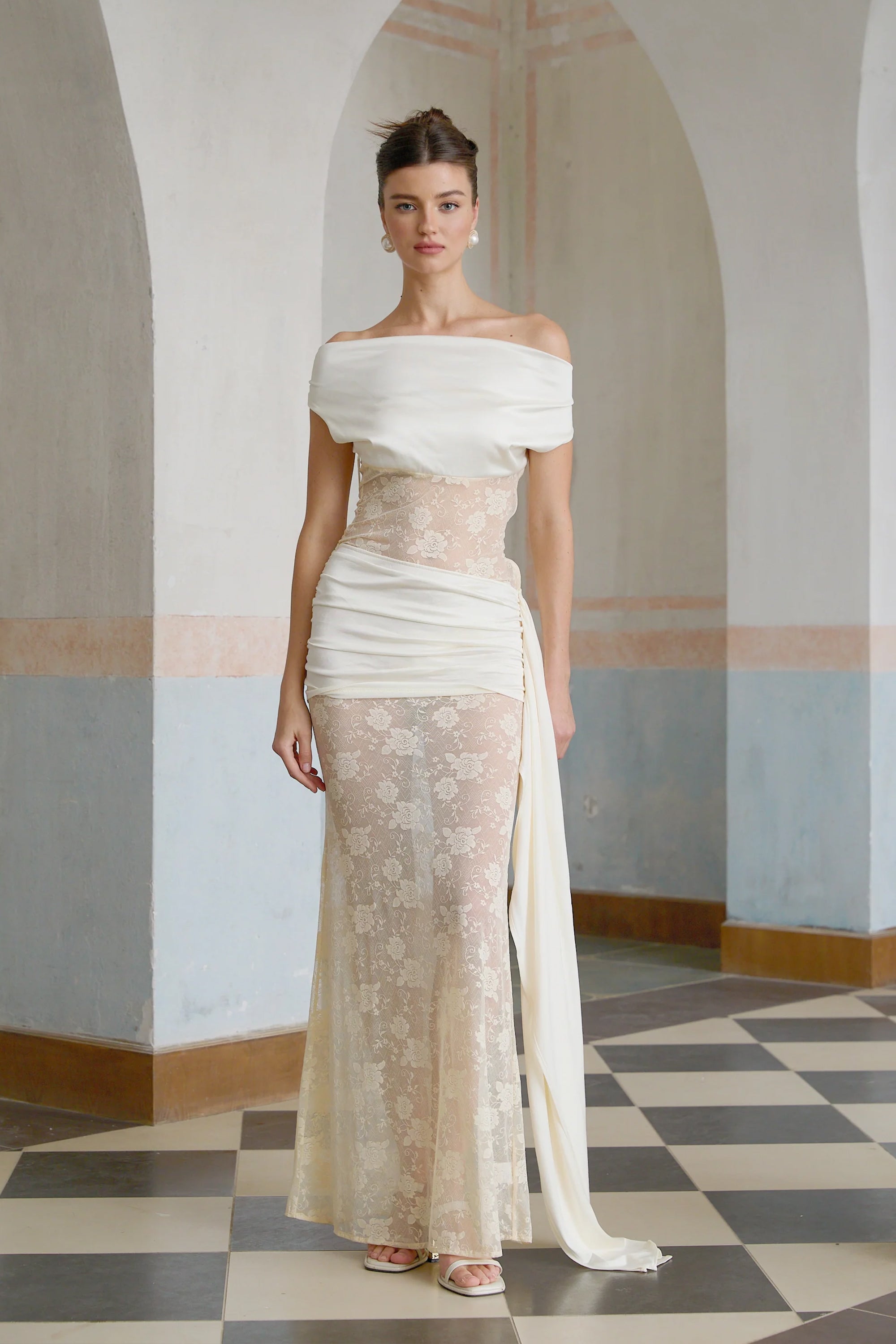 Lilou neutrals ribbon panelled floral-lace maxi dress