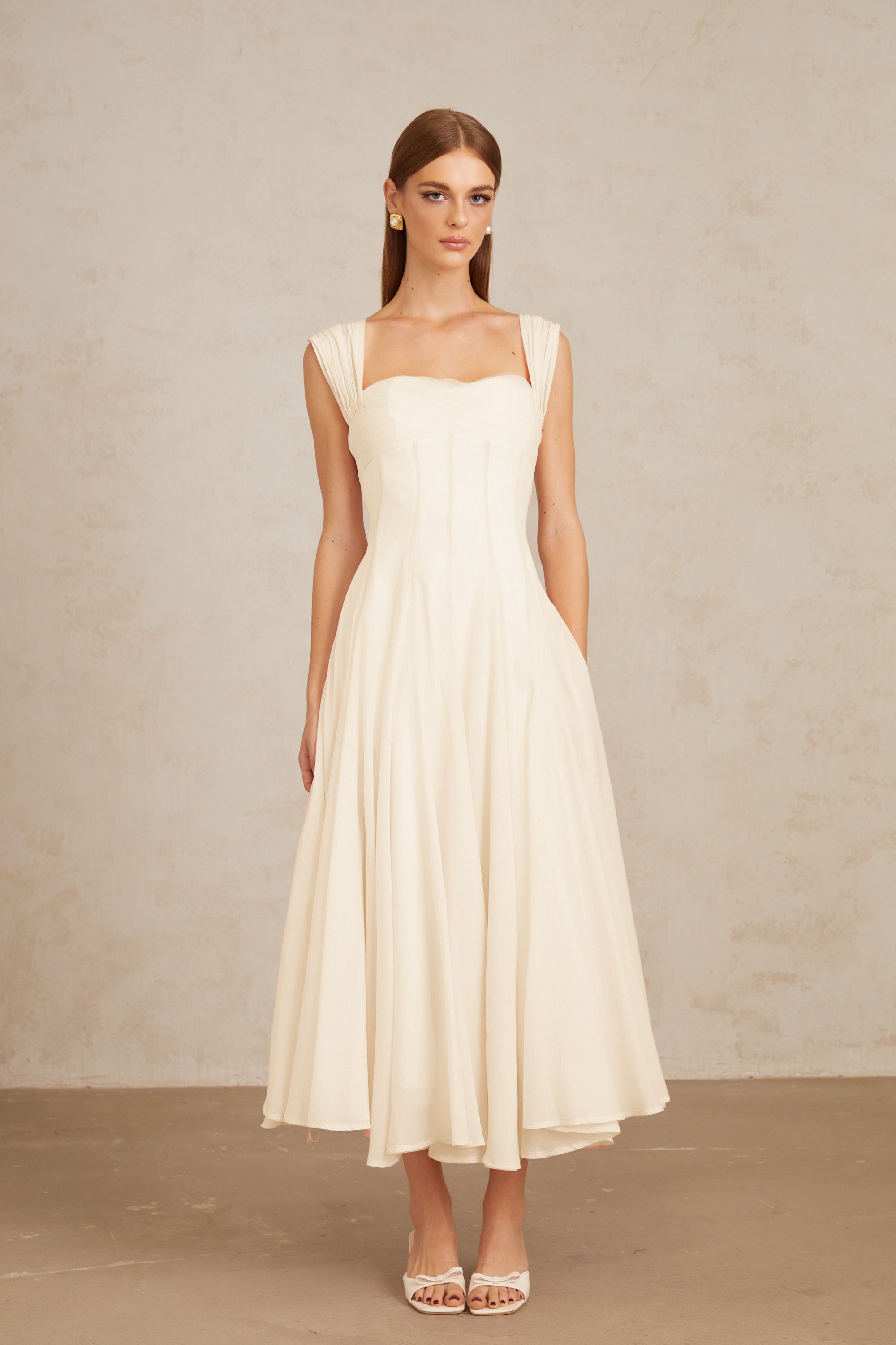 Érasme Cream White Flounced Midi dress