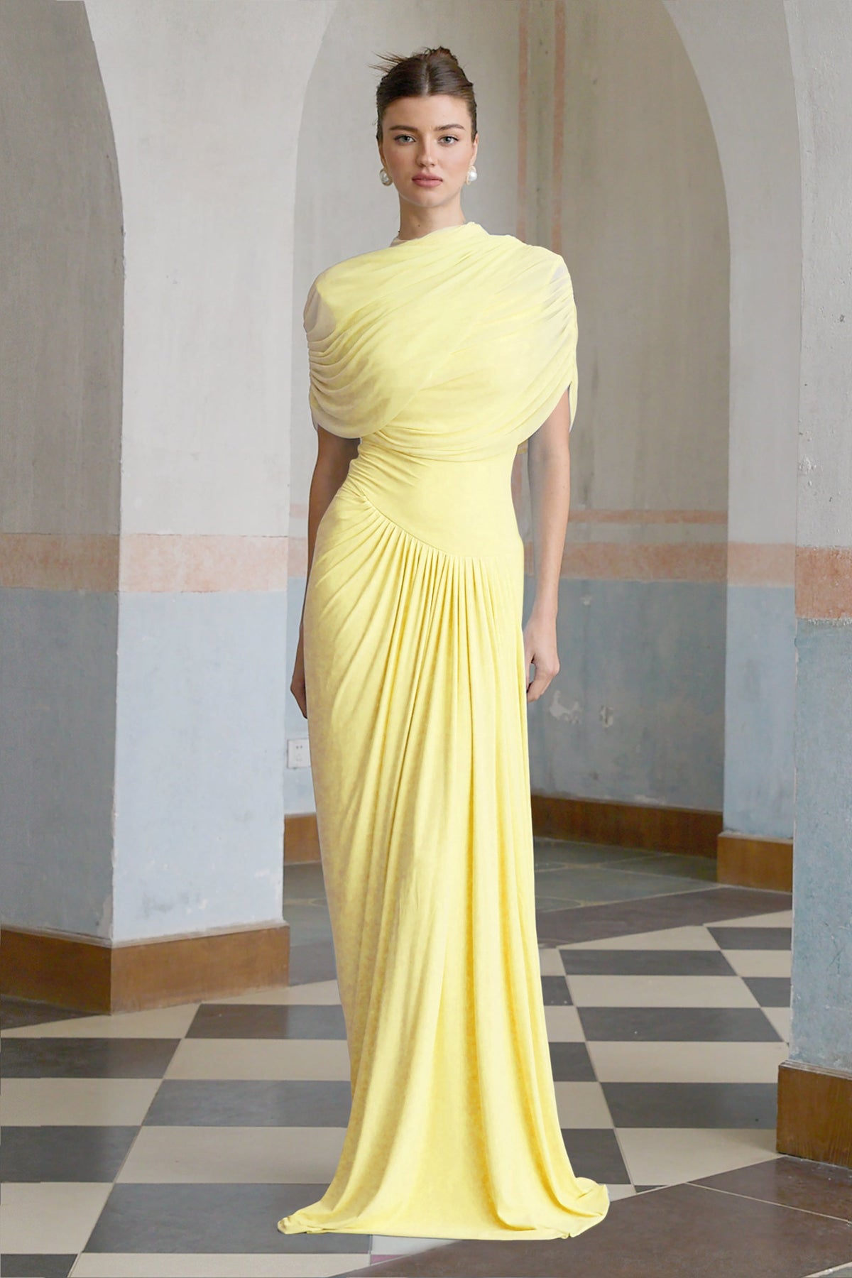Catherine asymmetrical pleated maxi dress in Yellow (Final Sale-US Only)