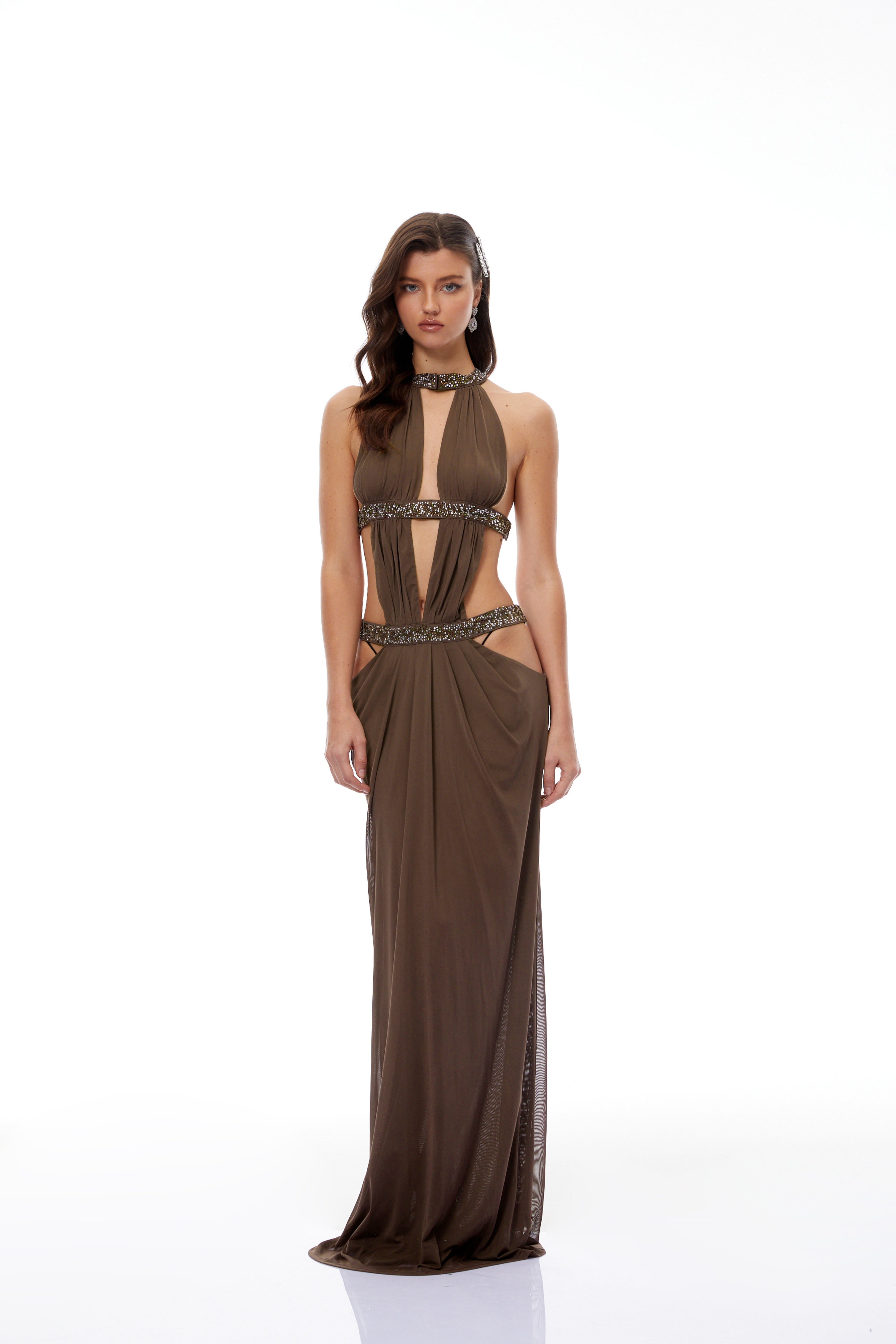 Maëlle Brown Cut-out Ruched Maxi Dress (Final Sale)