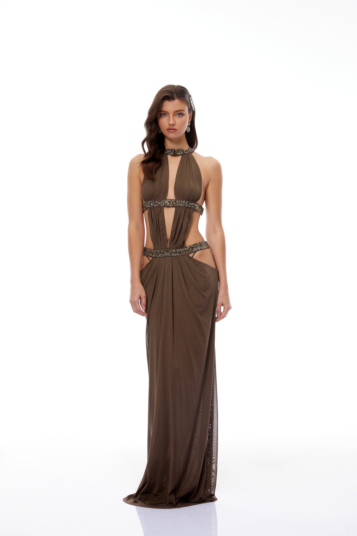 Maëlle Brown Cut-out Ruched Maxi Dress (Final Sale)