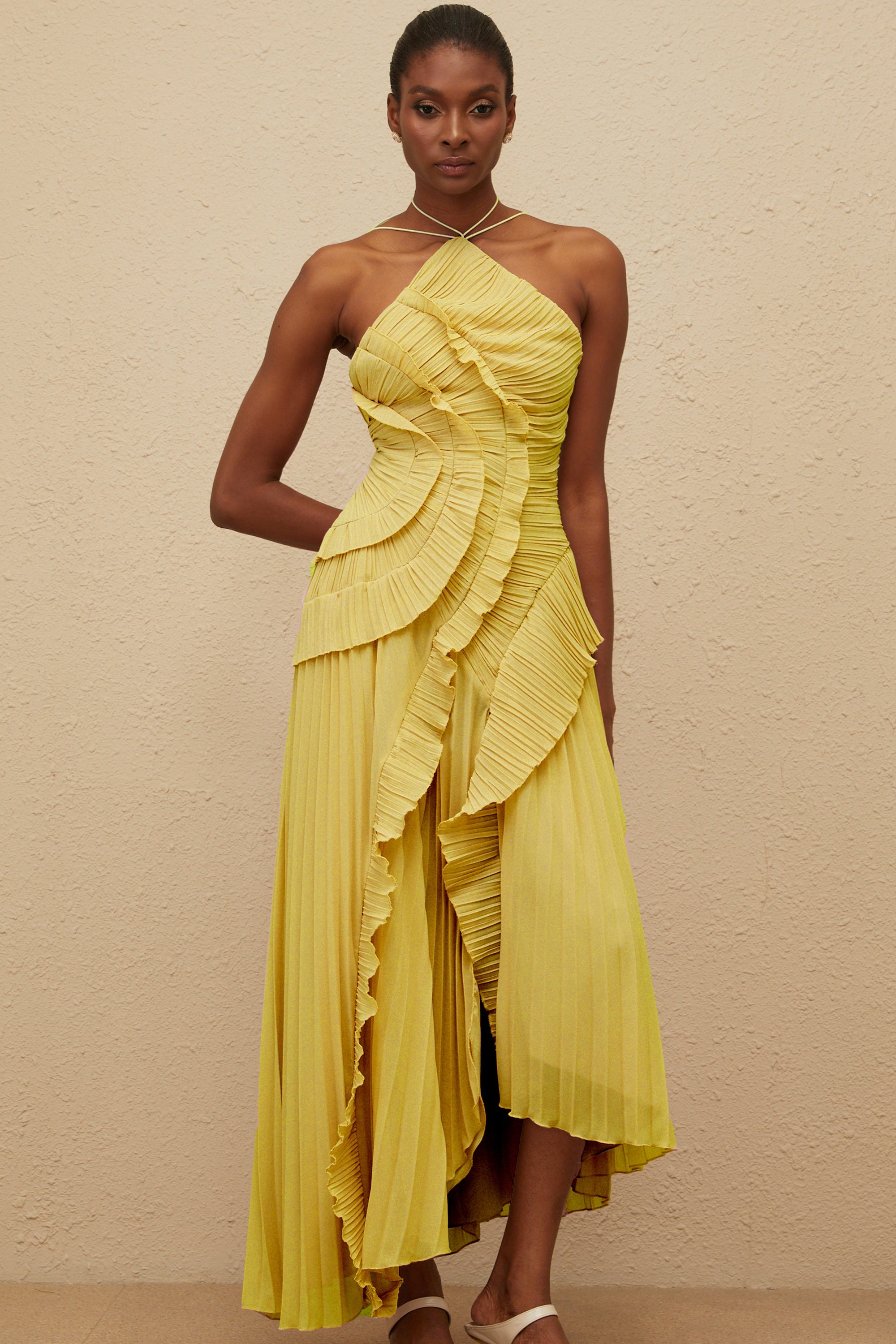Doux Yellow Ruffled Trim Pleated Midi Dress (Final Sale-US Only)