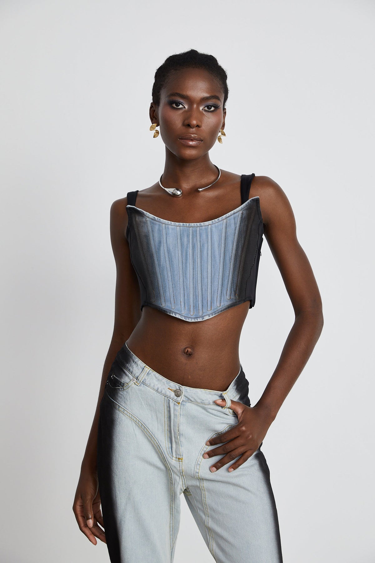 Manon two-tone denim cropped top