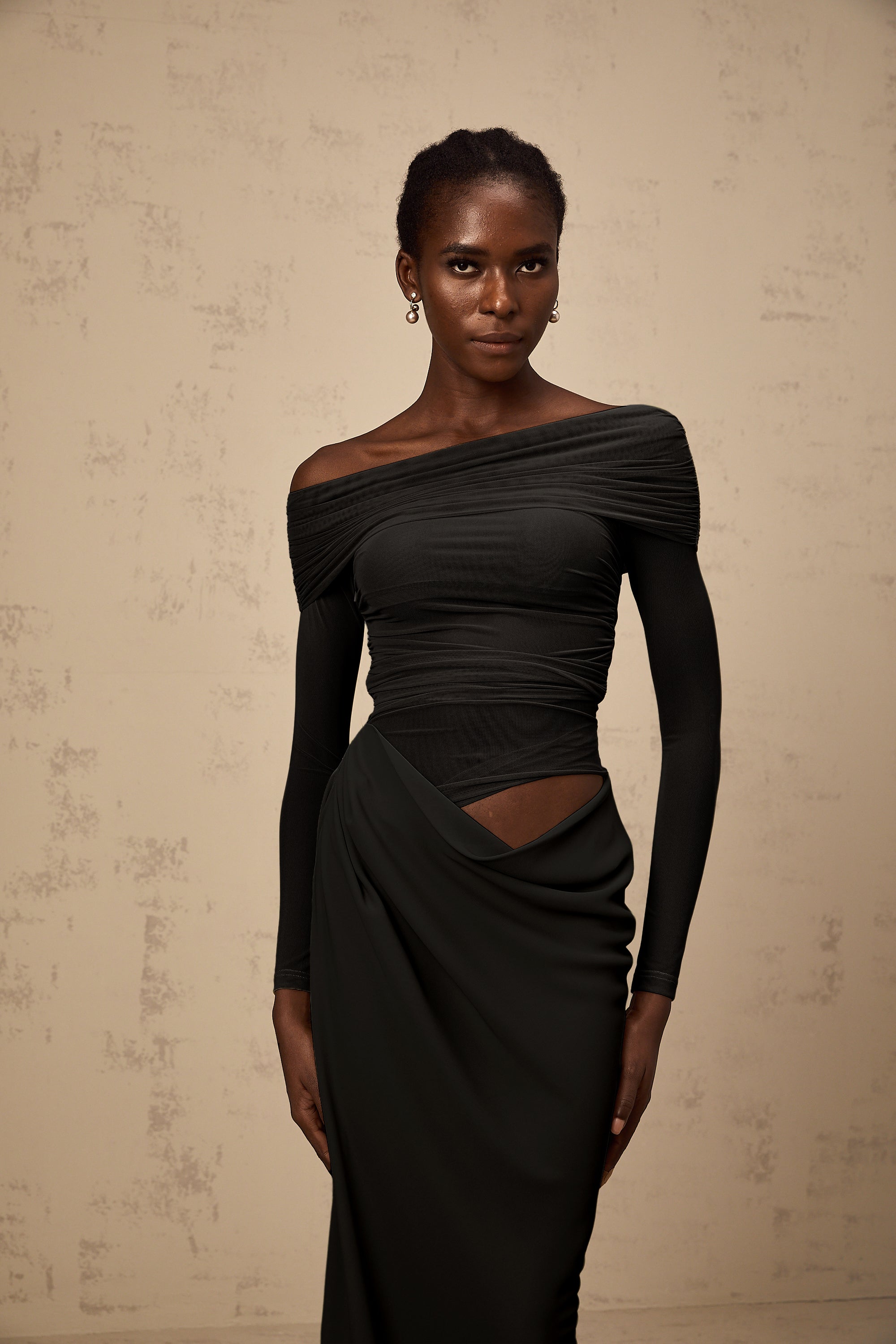 Estelle off-shoulder semi-sheer midi dress in Black (Final Sale)
