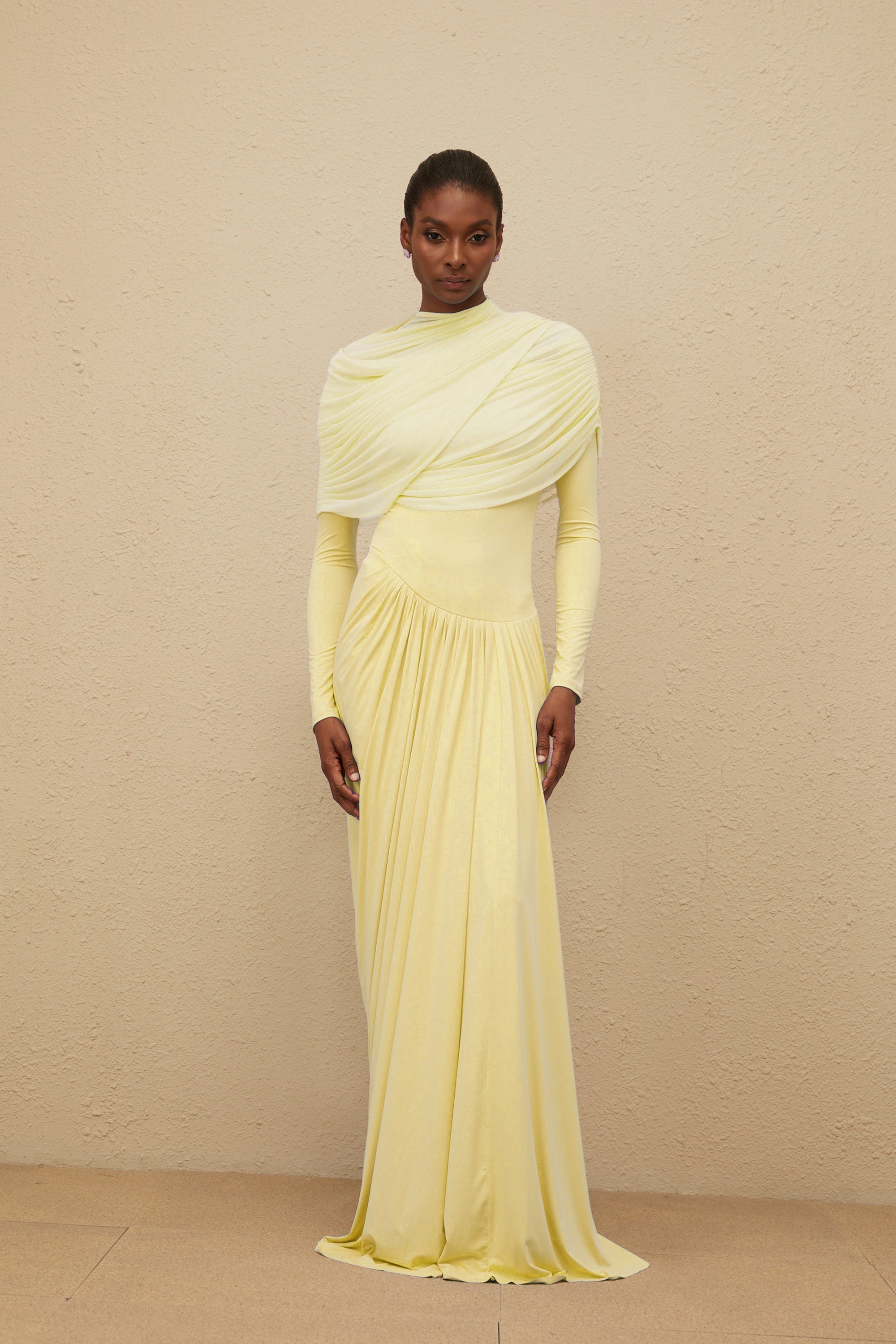 Catherine Yellow Asymmetrical Pleated Long-Sleeve Maxi Dress