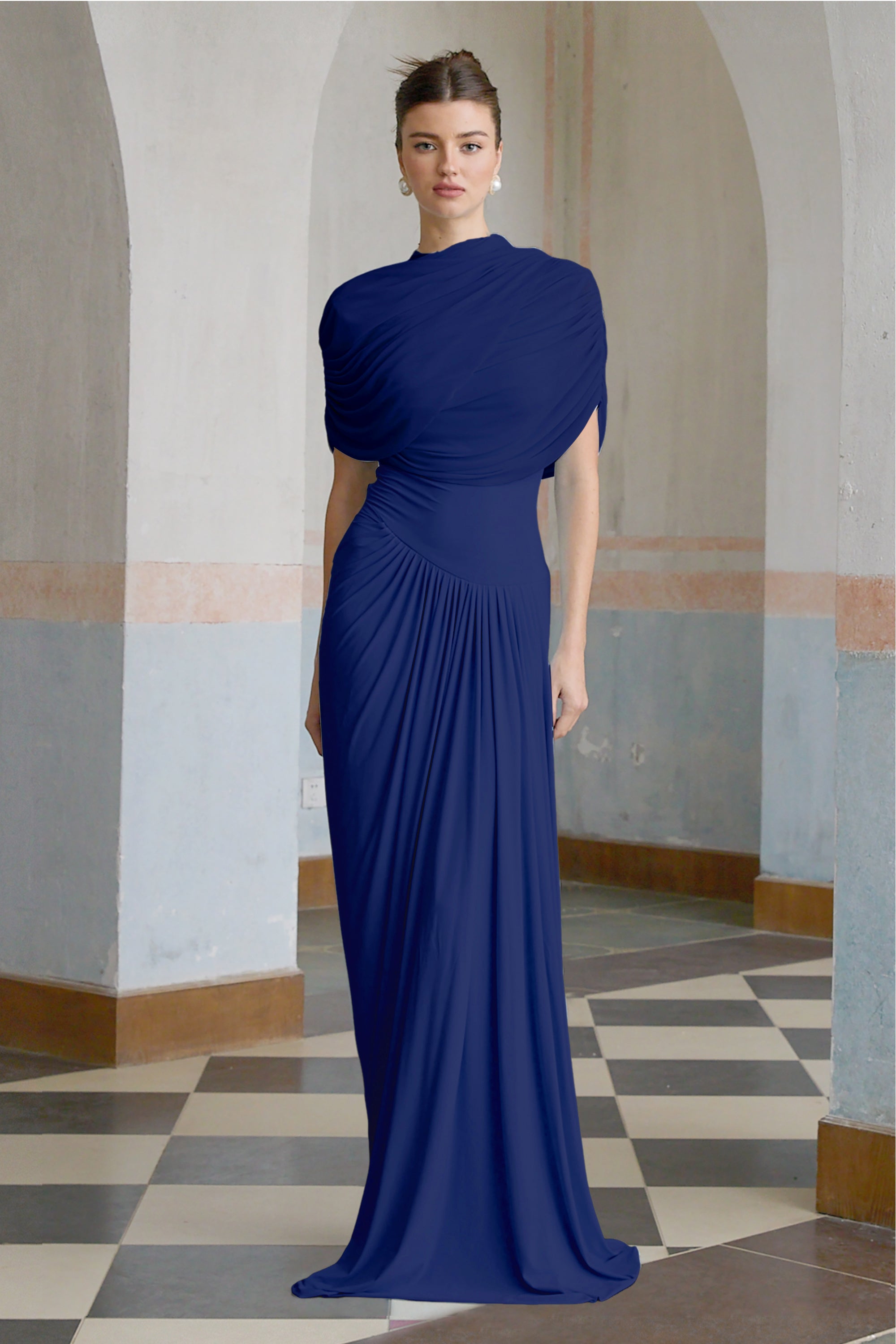 Catherine asymmetric pleated maxi dress in Navy-blue