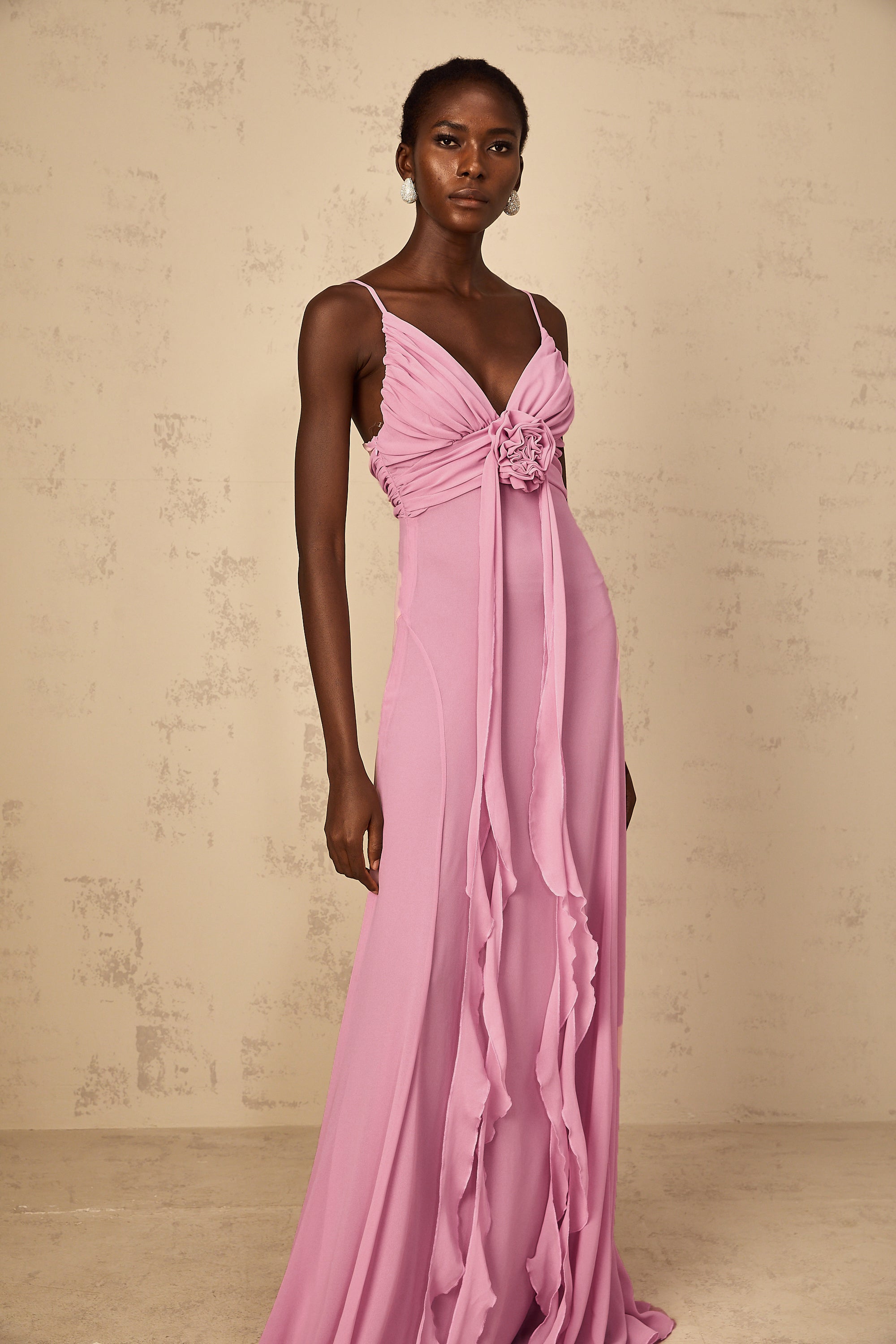 Ysandre Rose-Pink 3D Petal Tulle Maxi Dress