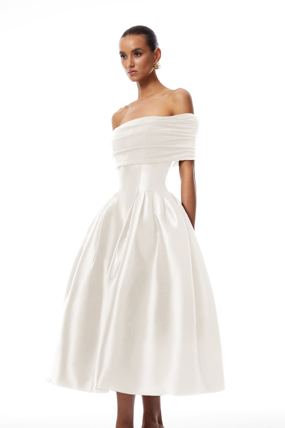 Ainara White Off Shoulder Polished Midi Dress (Final Sale-US Only)