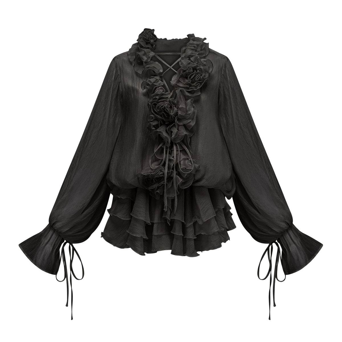 Zéphyrine floral-appliqué tiered mini dress in Black