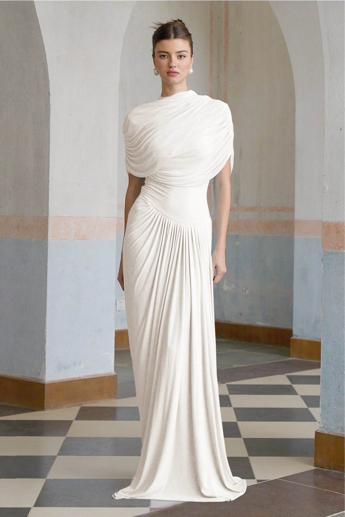 Catherine asymmetrical pleated maxi dress in White