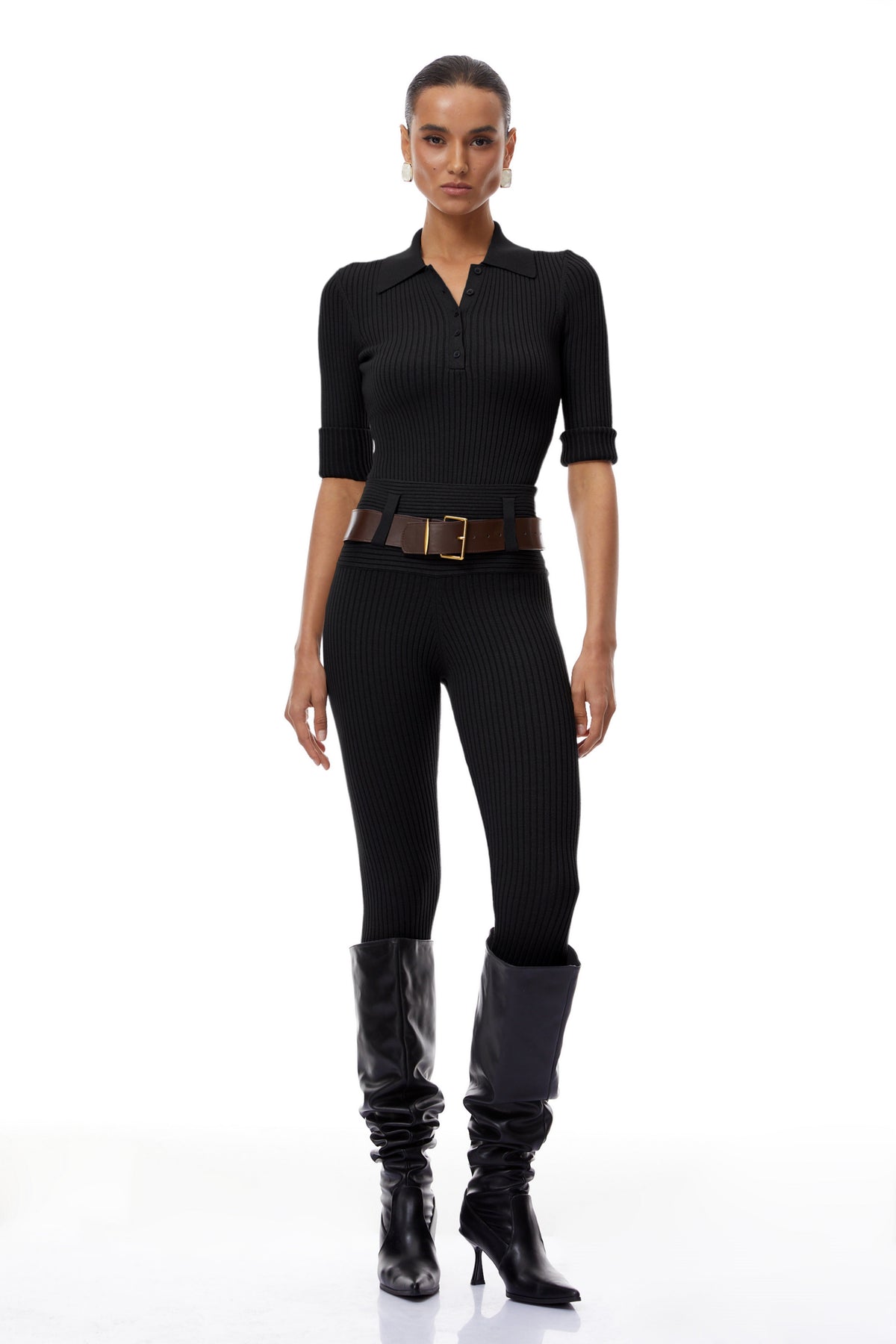 Claire Black Ribbed Knit Bodysuit & Trousers Set (Final Sale-US Only)