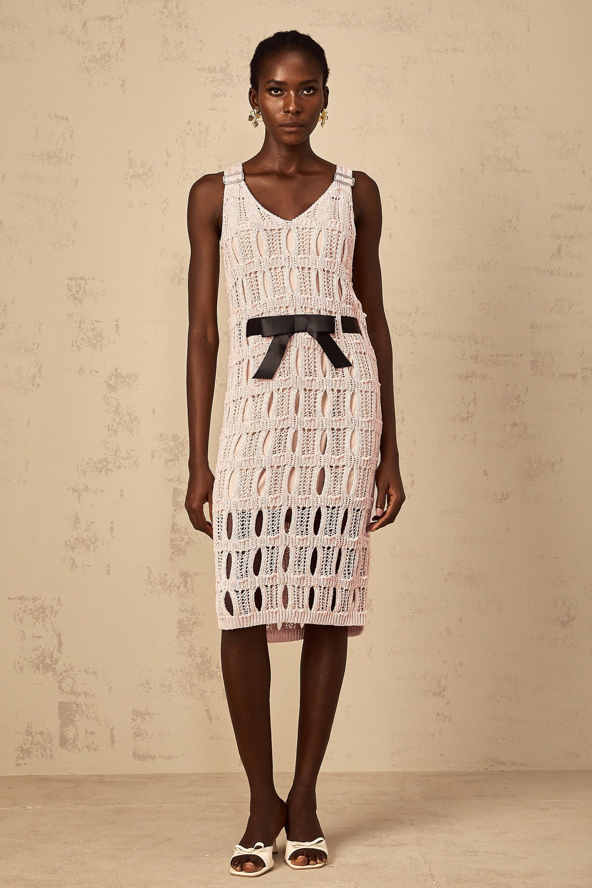 Elodie pink bowknot crochet-knit midi dress