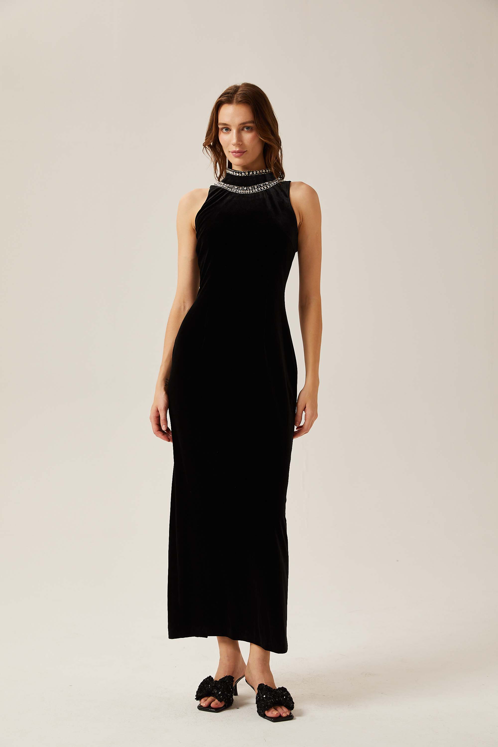 Colette black crystal-embellished velvet gown