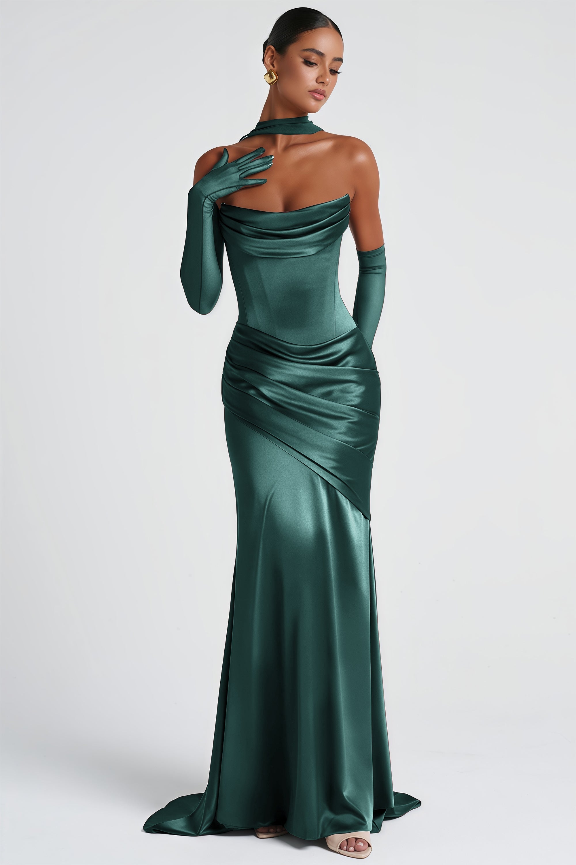 Marilou Green Ruched Satin Maxi Dress