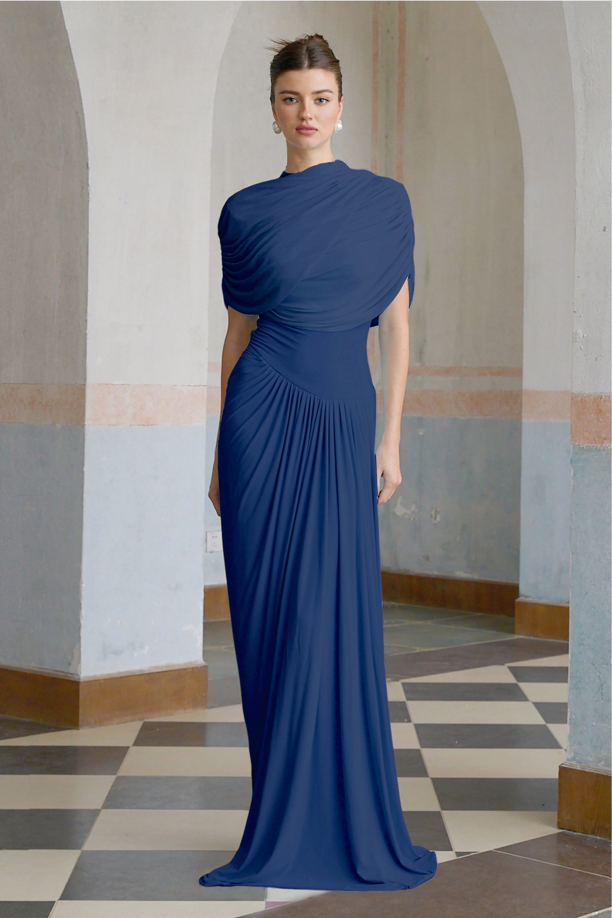 Catherine asymmetrical pleated maxi dress in Navy-blue (Final Sale-US Only)