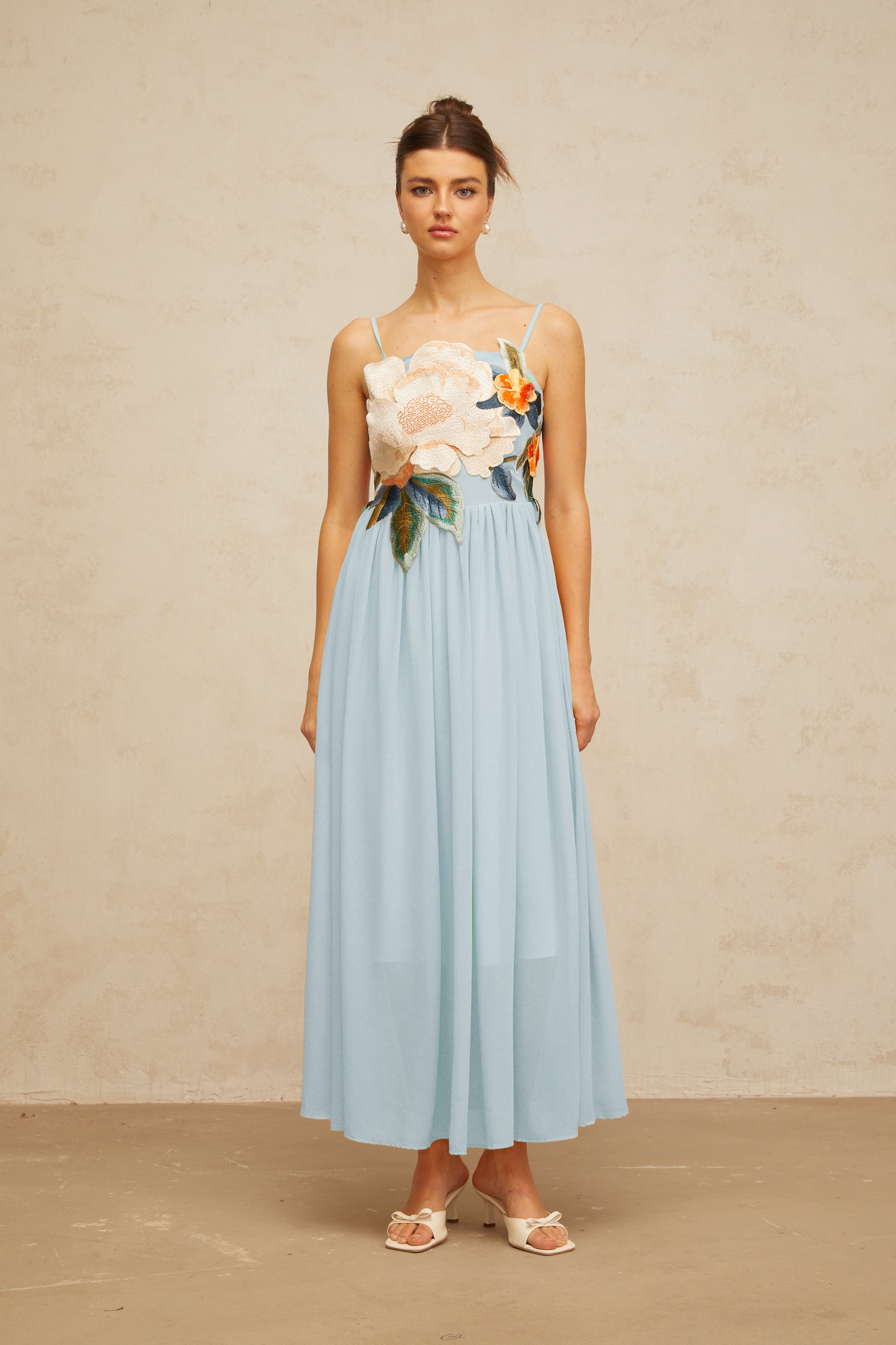Josette floral-embroidered shirred maxi dress in Blue (Final Sale-US Only)