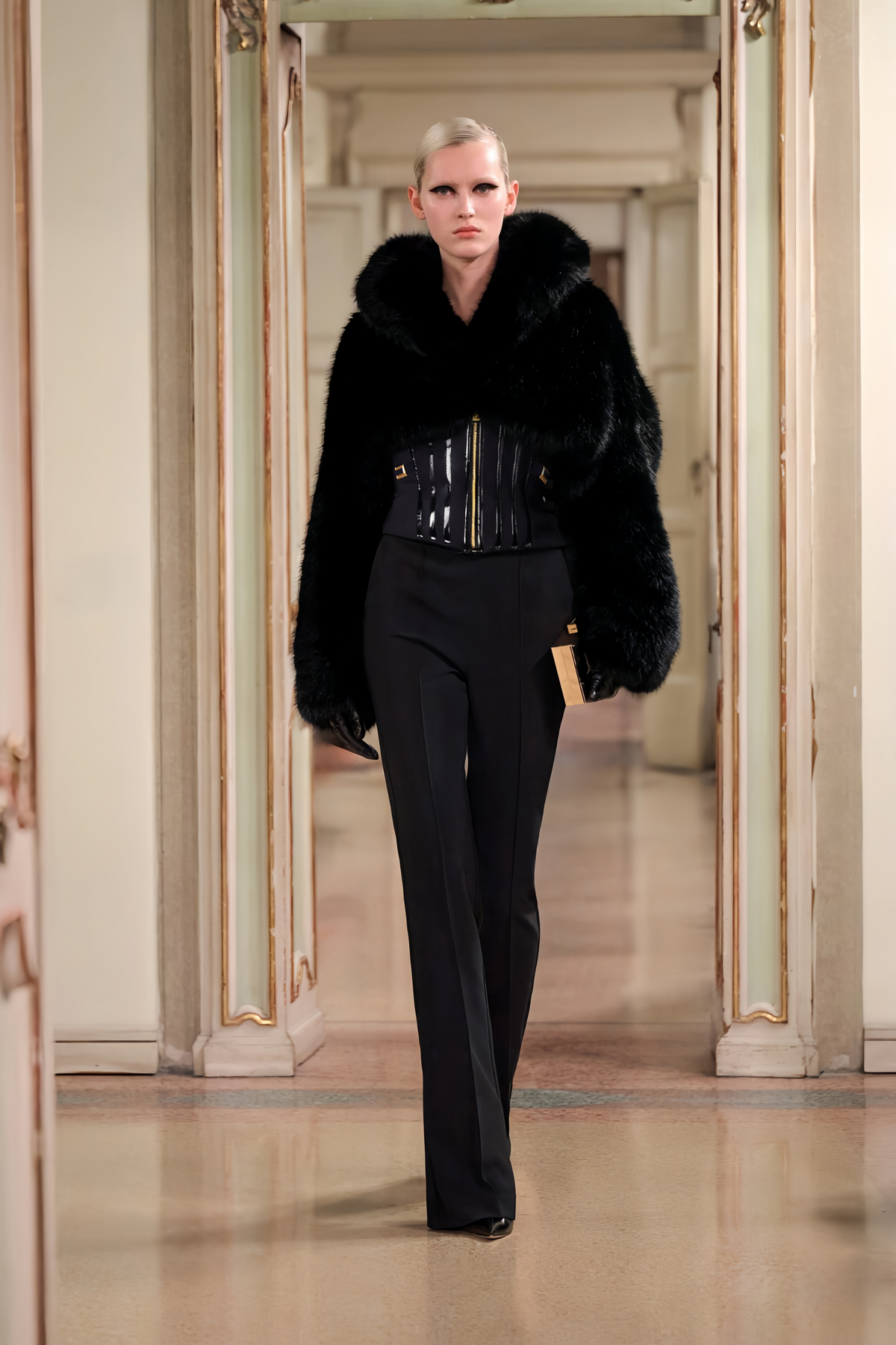 Alberta Black Faux-Fur Corset Panel Jacket
