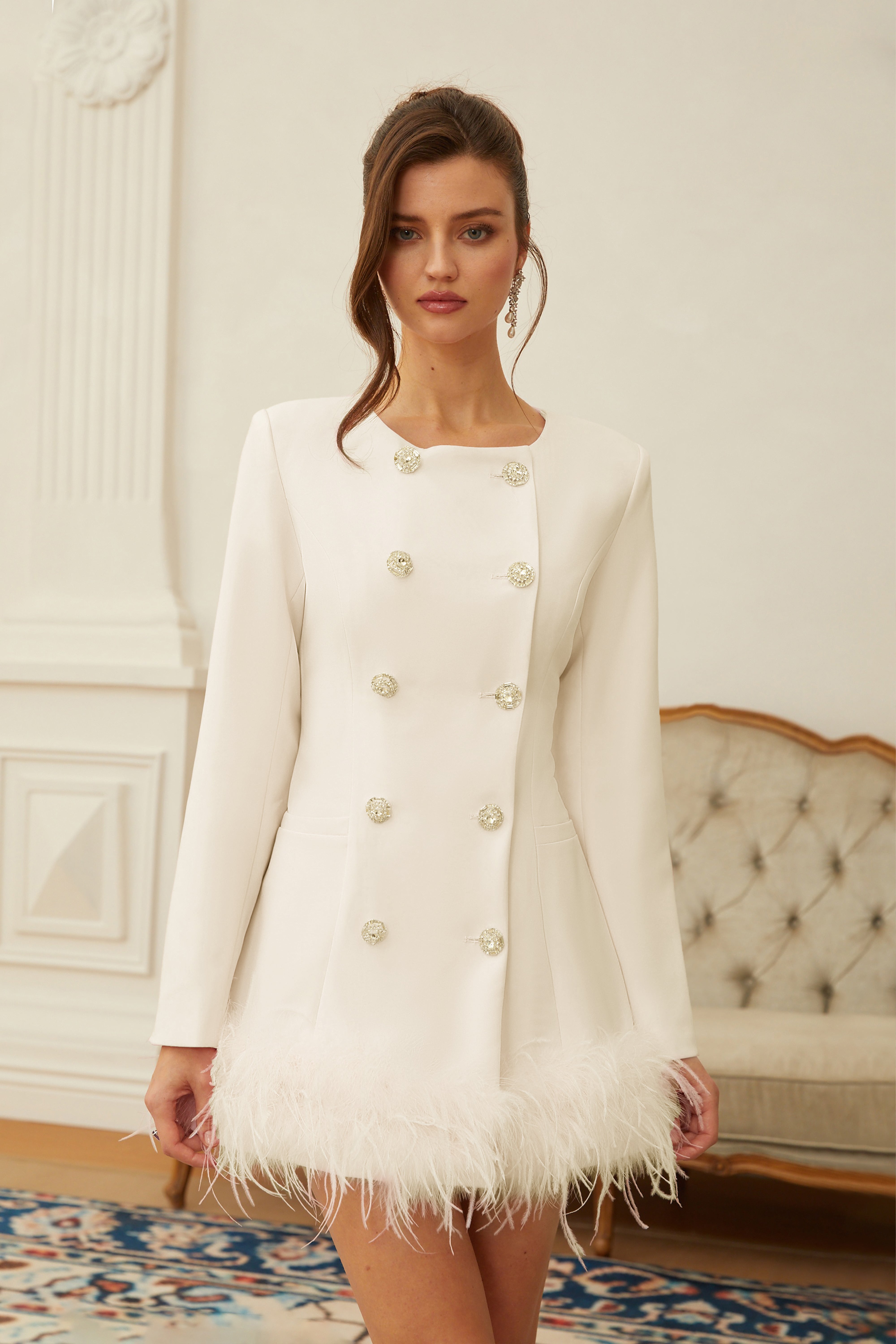 Freja White Feather Trim Mini Blazer Dress (Final Sale-US Only)