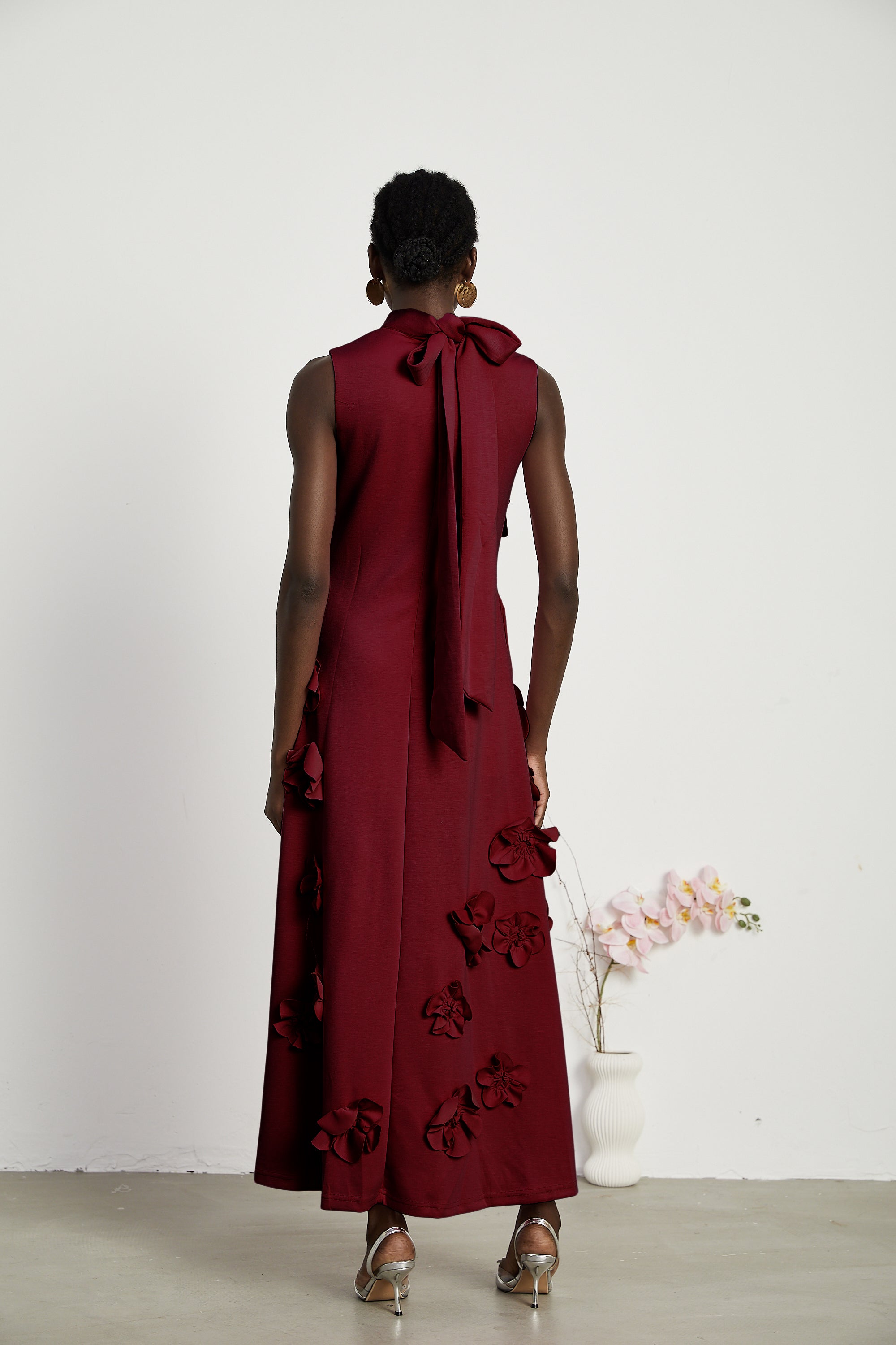 Magali Red Sleeveless Maxi Dress with Faux Flower & Bow-Tie Embellishment (Final Sale-US Only)