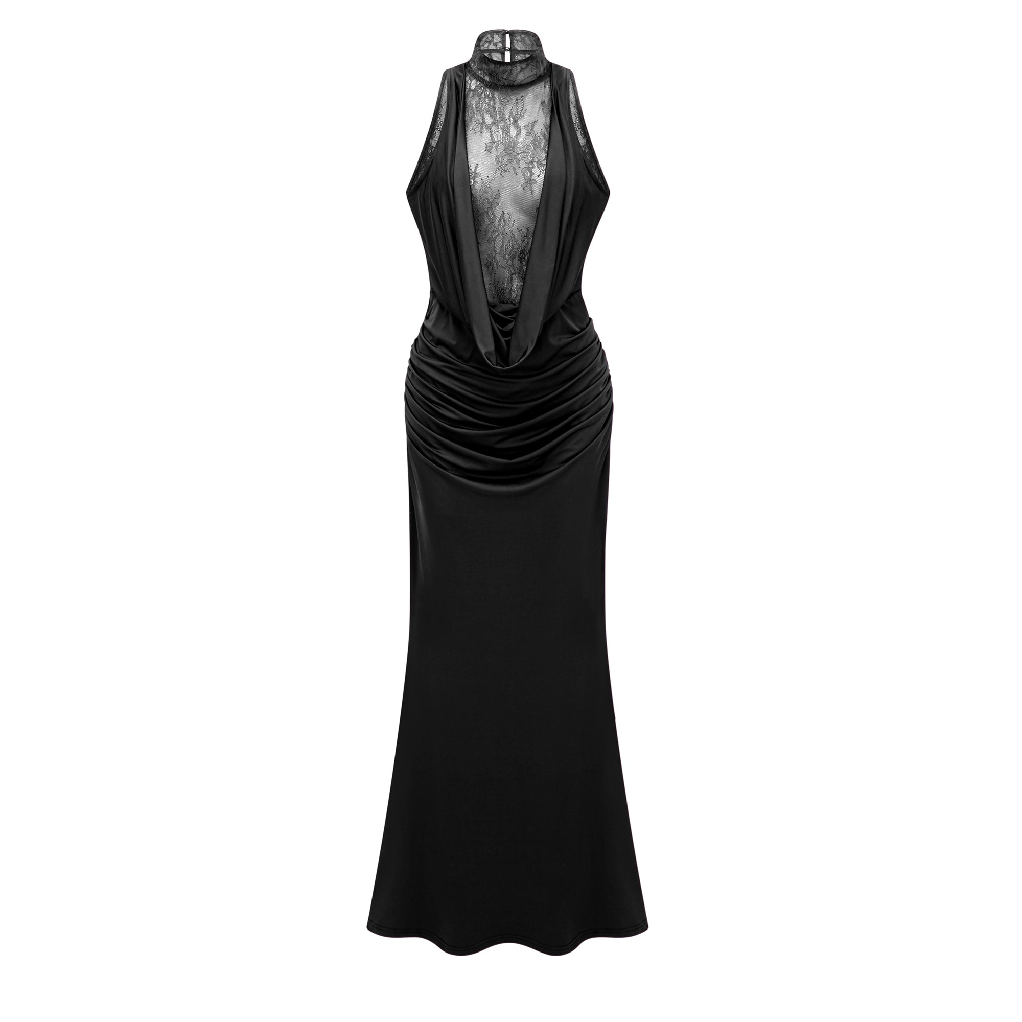 Borbála Black Lace Bodice Ruched Maxi Dress