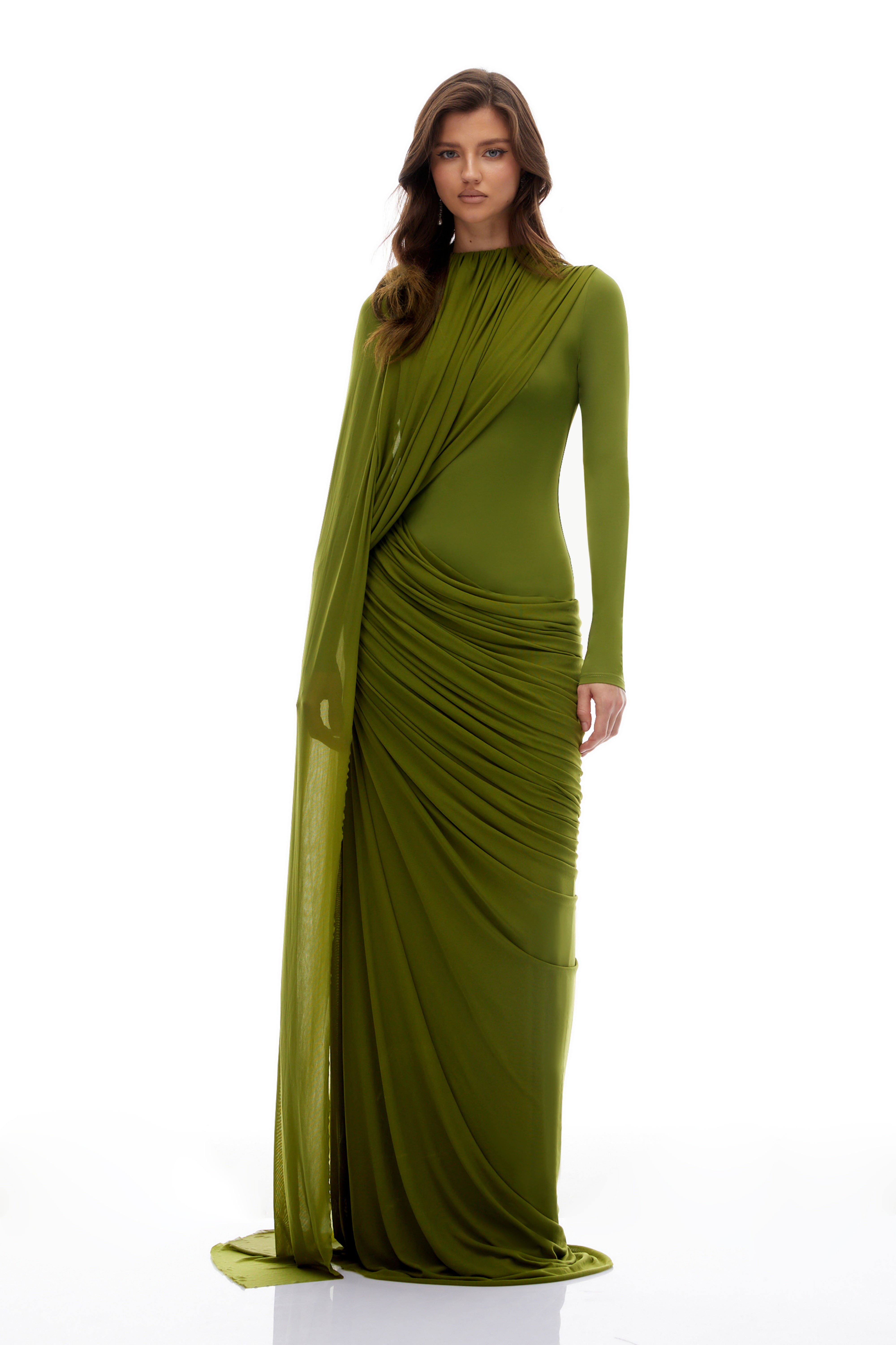 Emilia Green Asymmetrical Ribbon Draped Maxi Dress