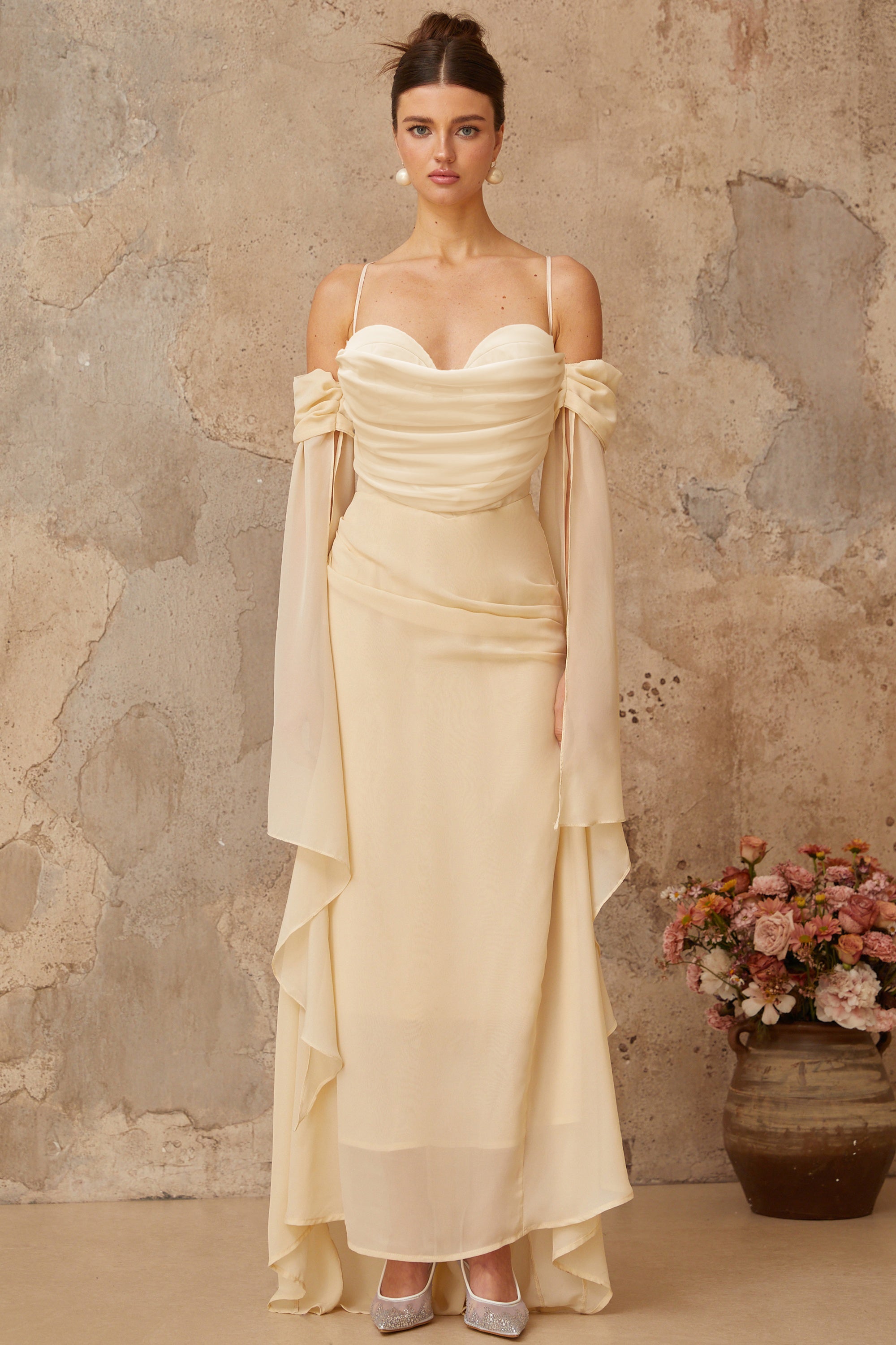 Mélusine Neutral Ruched Chiffon Maxi Dress (Final Sale-US Only)