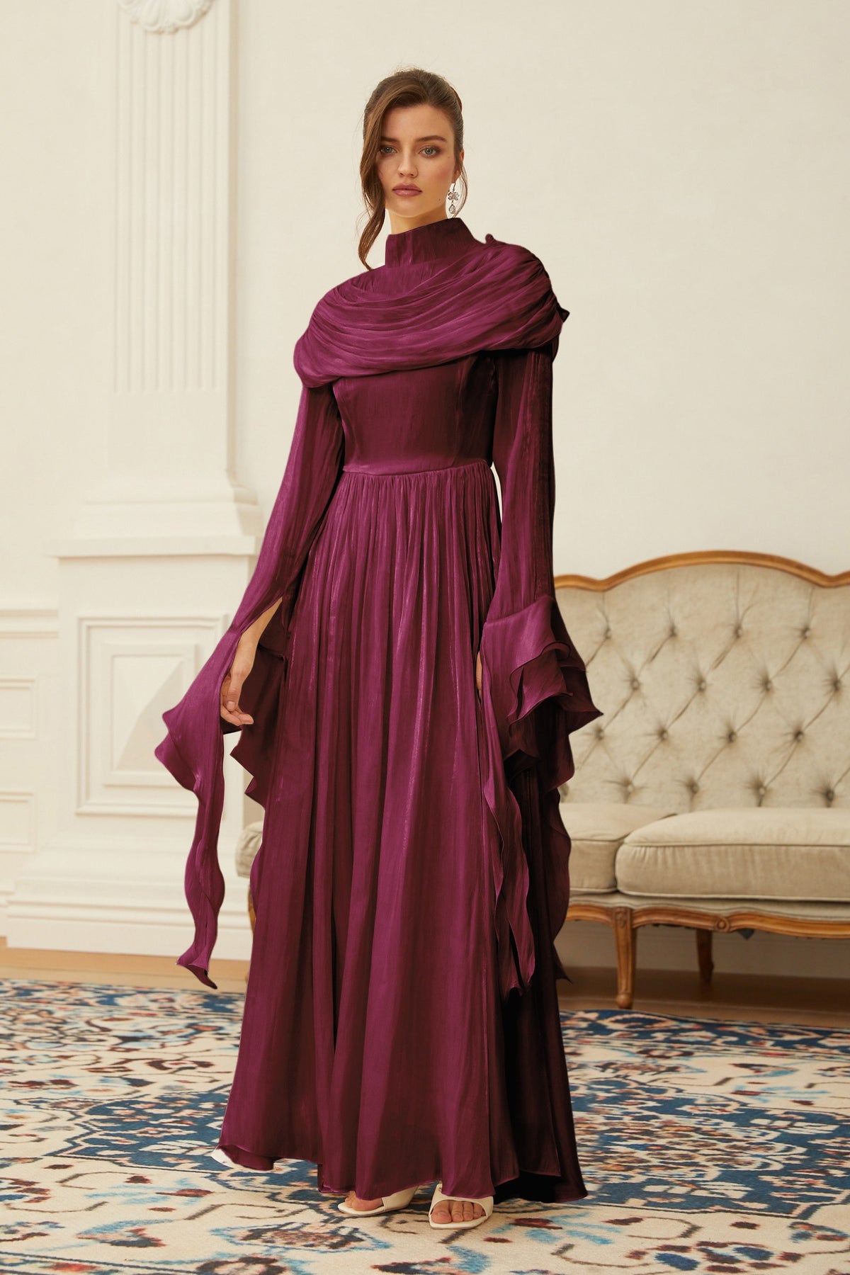 Danuta Burgundy Ruched Pleated Maxi Dress (Final Sale)
