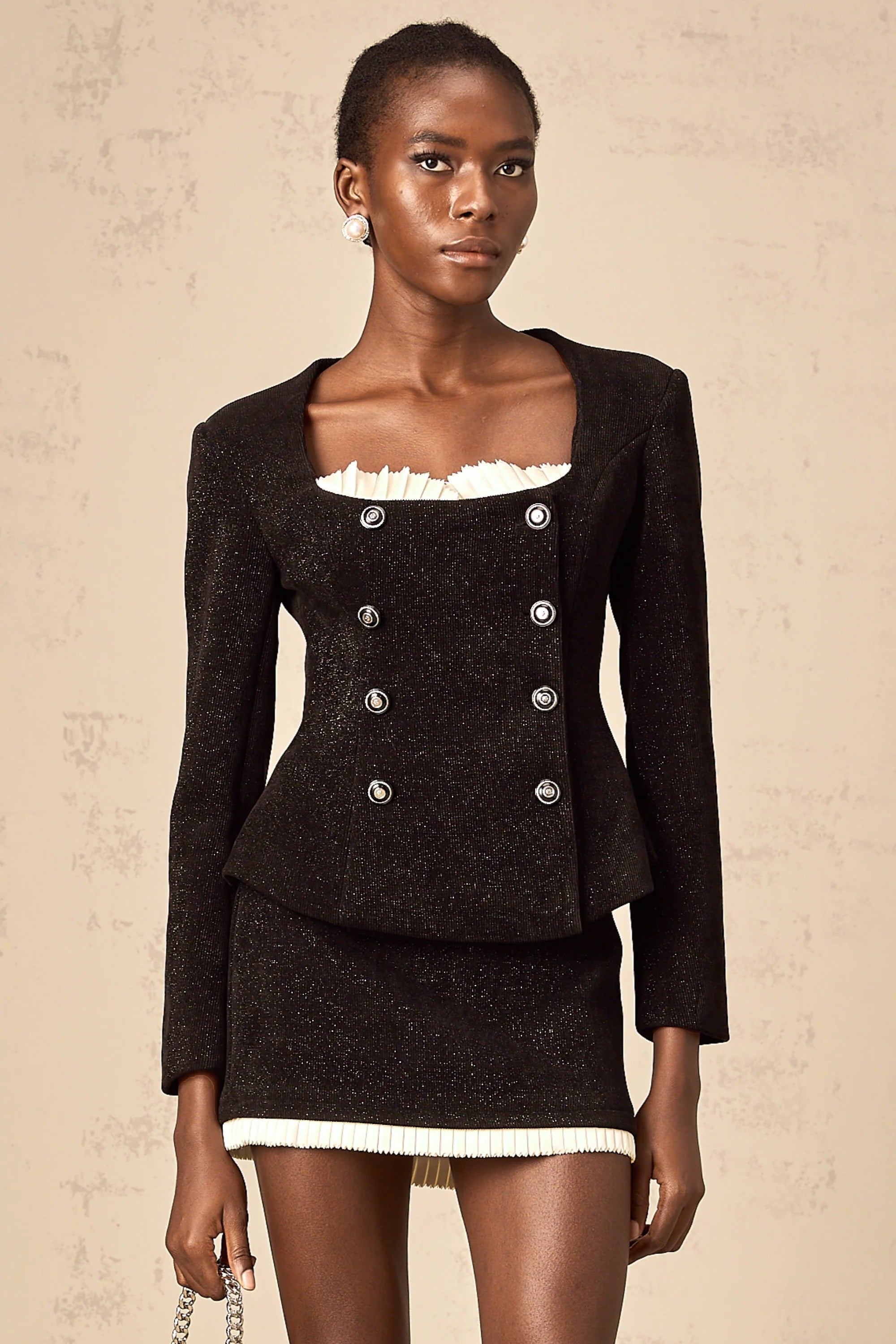 Hilaire black corduroy panelled top & skirt matching set (Final Sale)