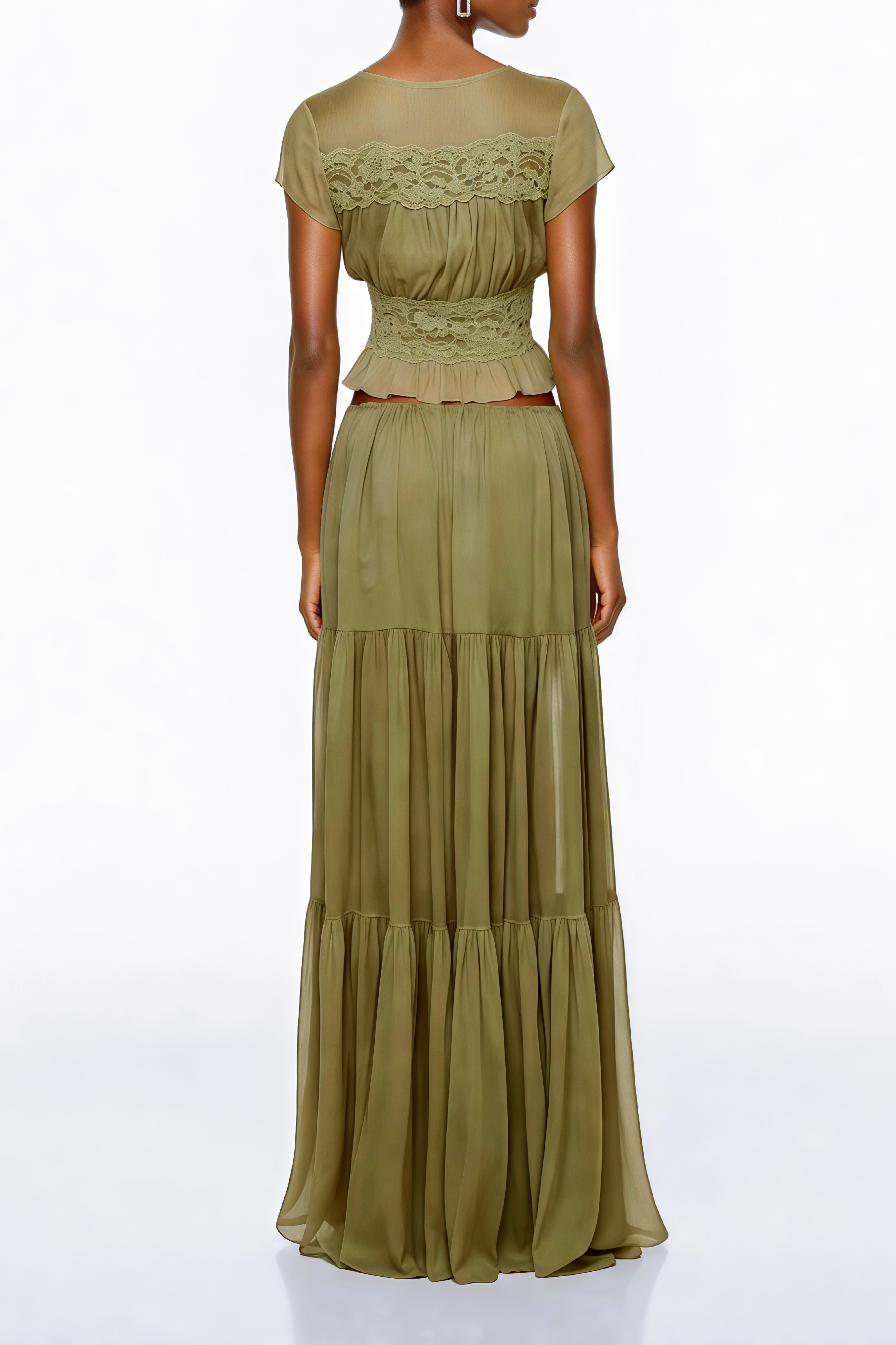 Pleiade Green Floral Lace Chiffon Top & Skirt Set