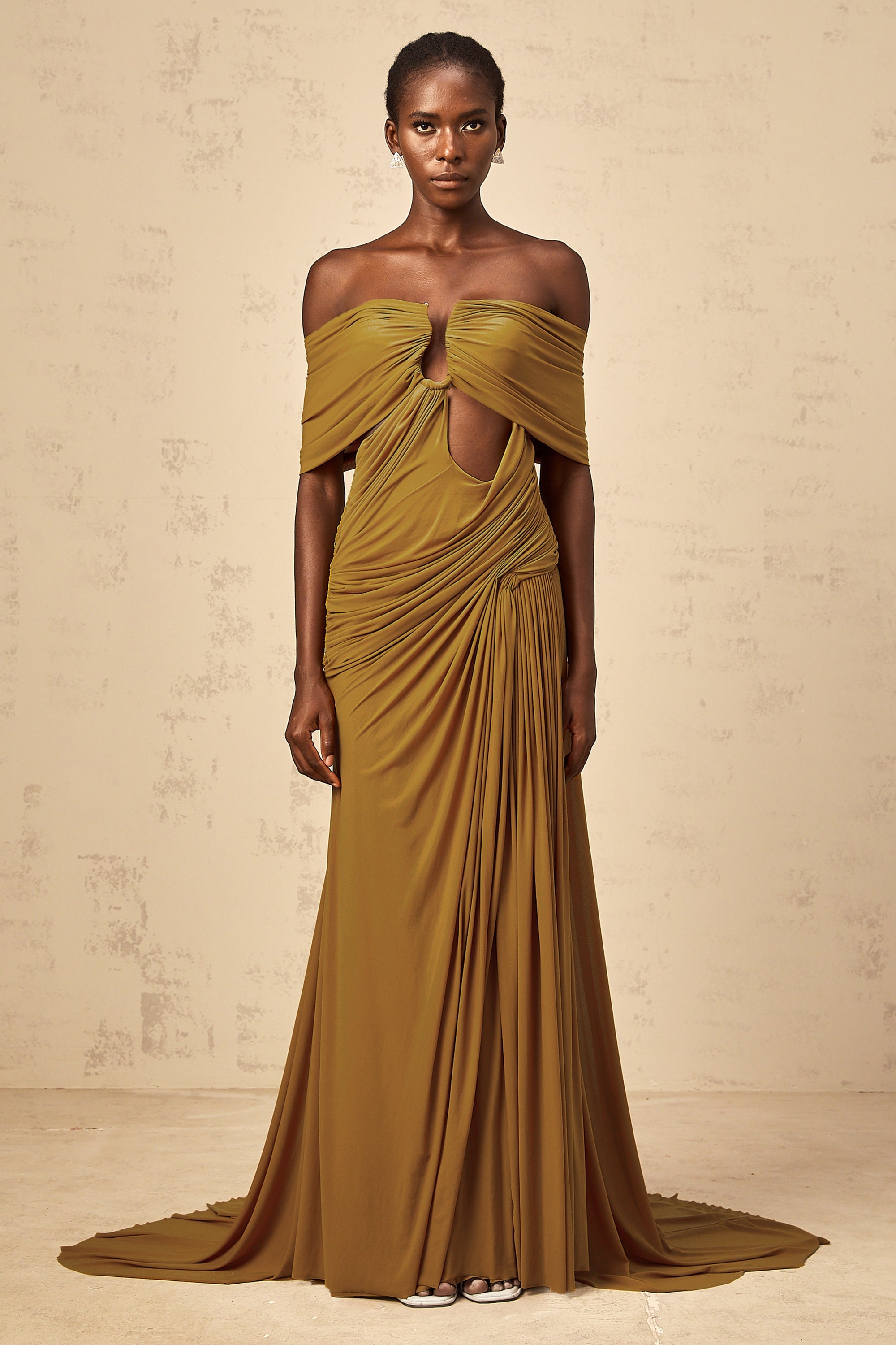 Ludivine ocher off-shoulder cut-out ruched maxi dress (Final Sale-US Only)