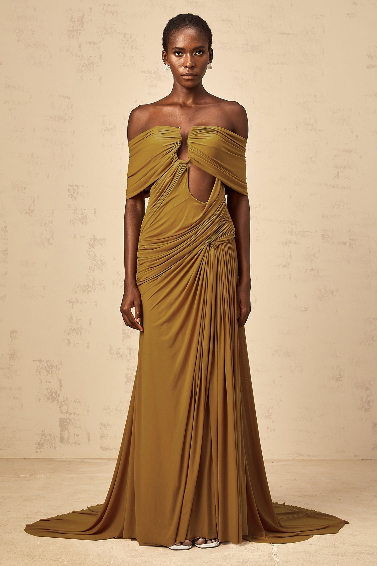 Ludivine ocher off-shoulder cut-out ruched maxi dress (Final Sale-US Only)
