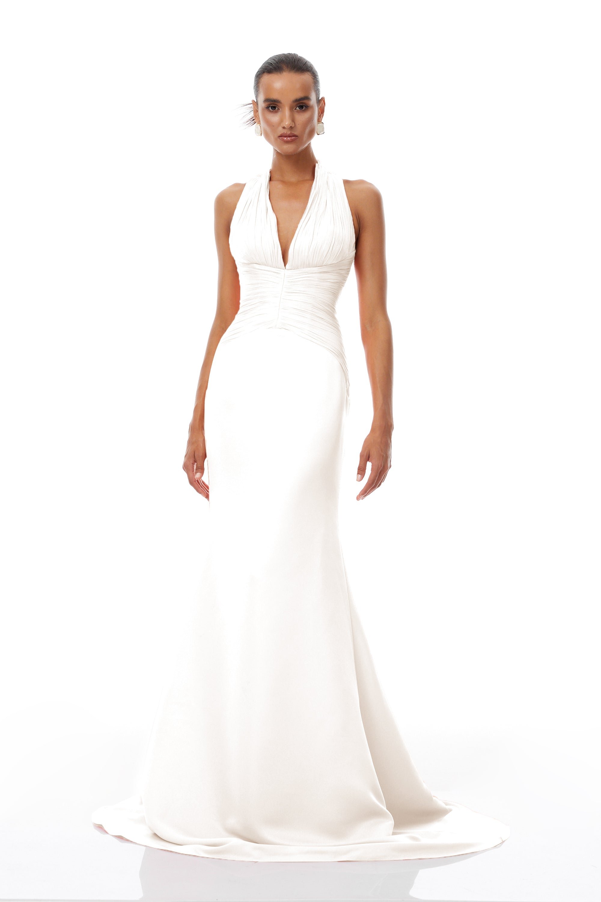Emmeline White Train Design Gathered Maxi Dress