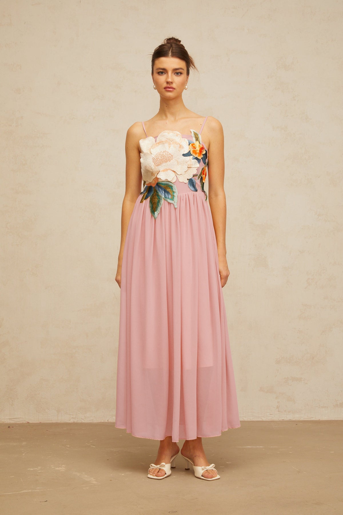 Josette floral-embroidered shirred maxi dress in Pink