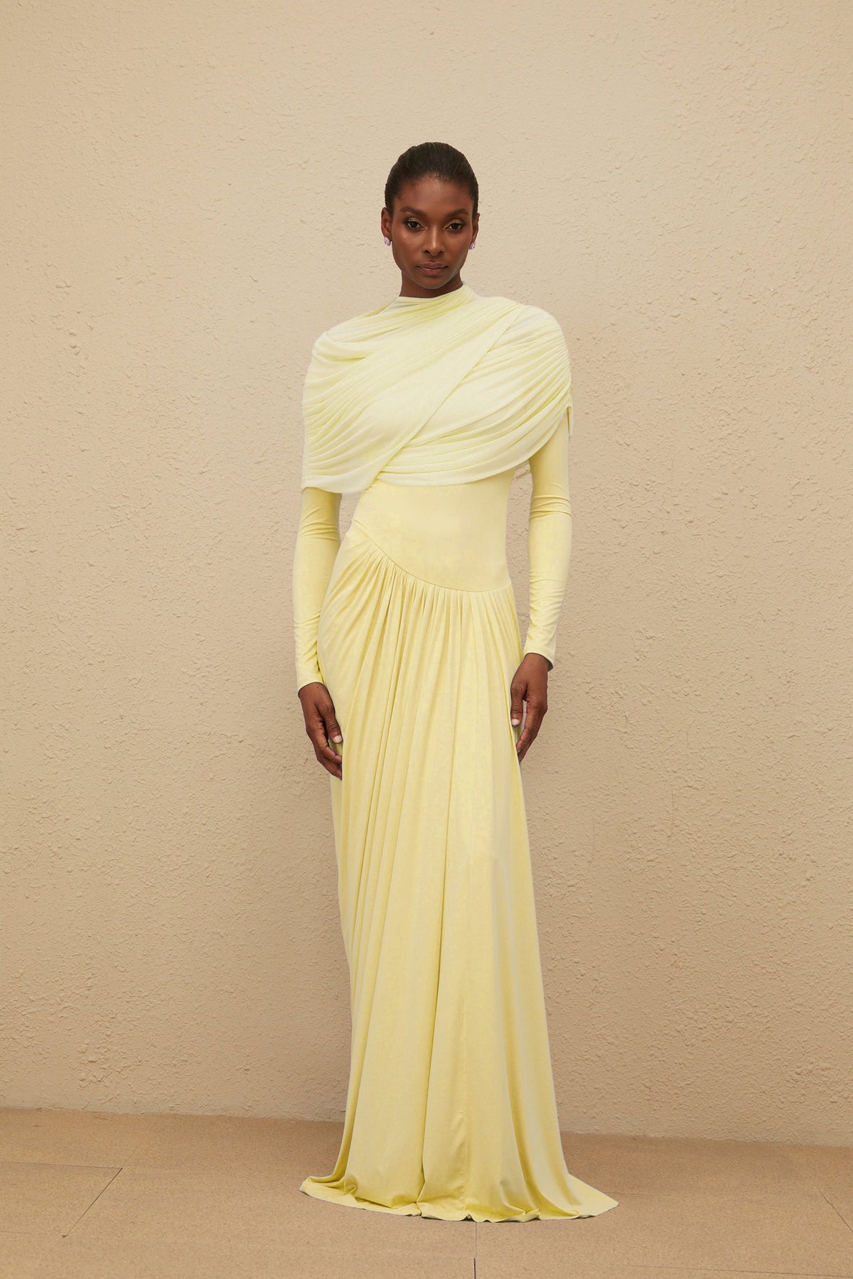 Catherine Yellow Asymmetrical Pleated Long-Sleeve Maxi Dress (Final Sale-US Only)