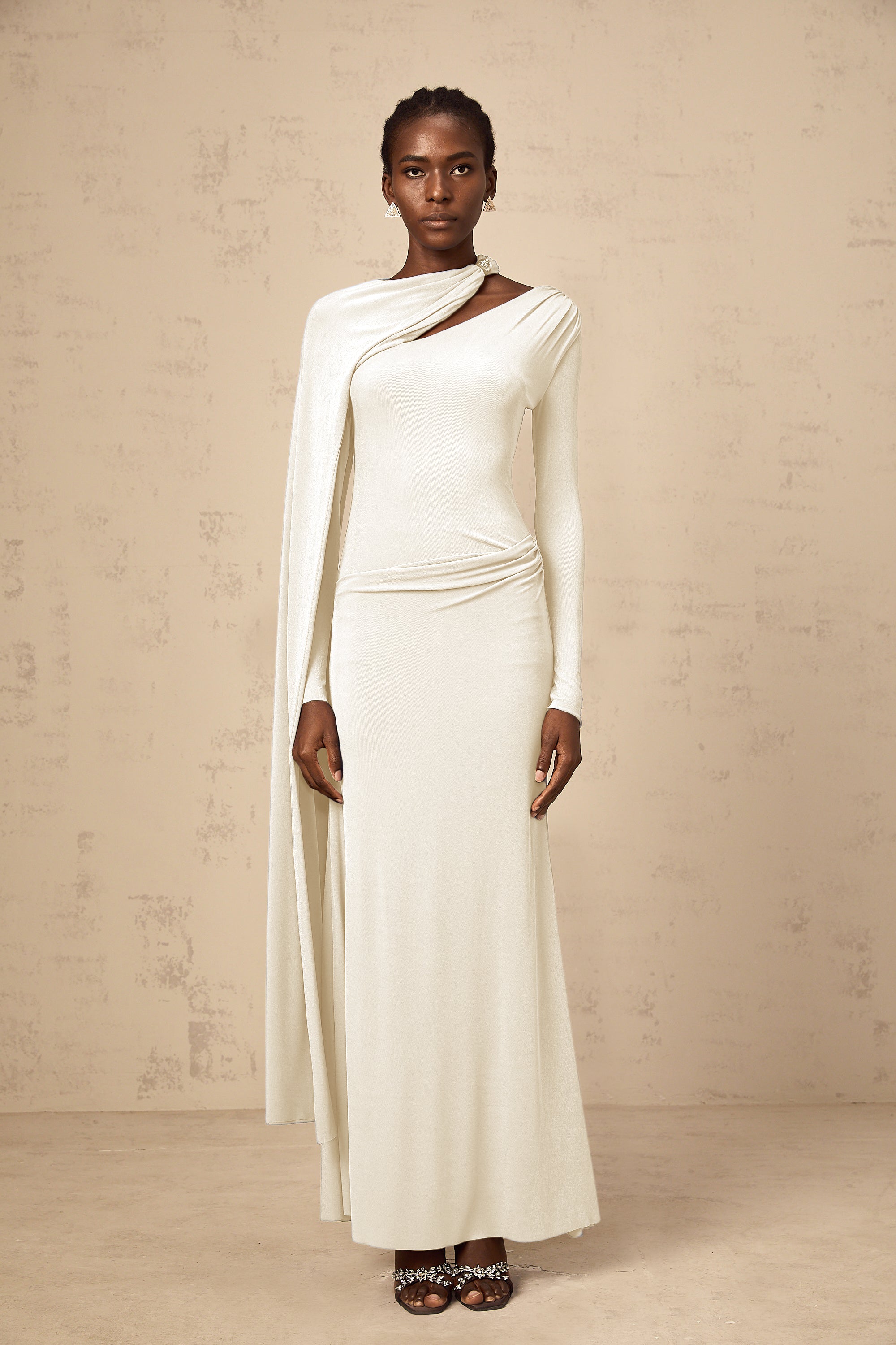 Josette White Diagonal Shawl Fitted Maxi Dress