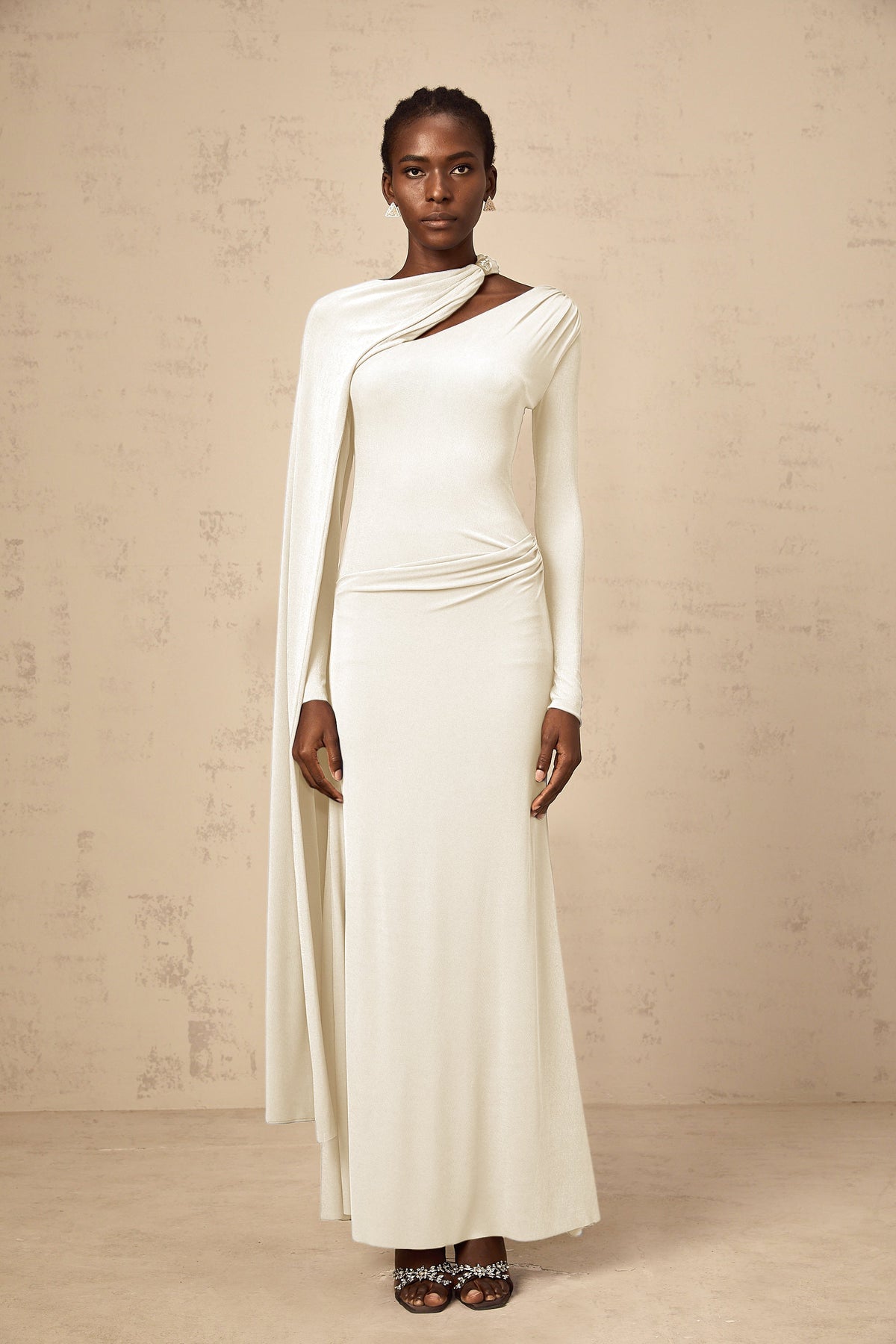 Josette White Diagonal Shawl Fitted Maxi Dress