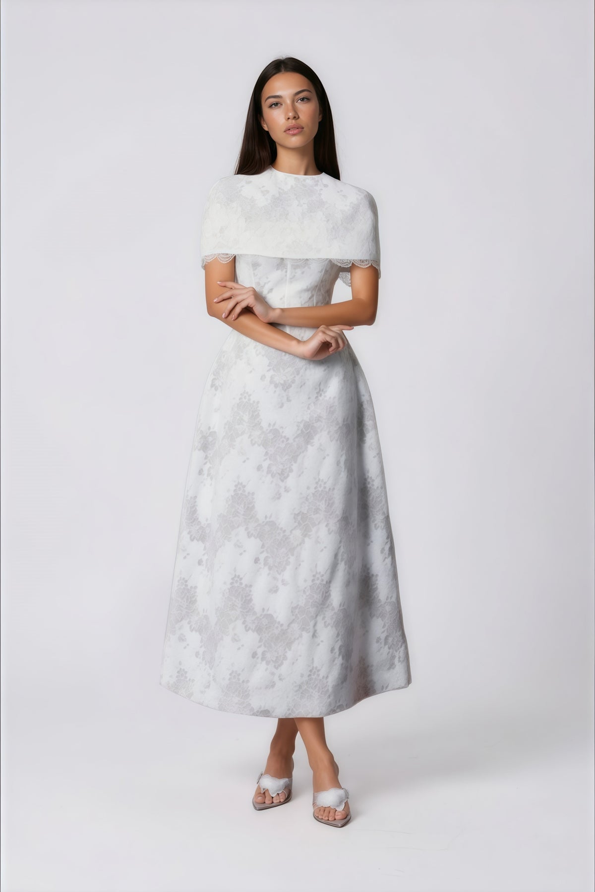 Zohar White Floral Lace Midi Dress with Cape