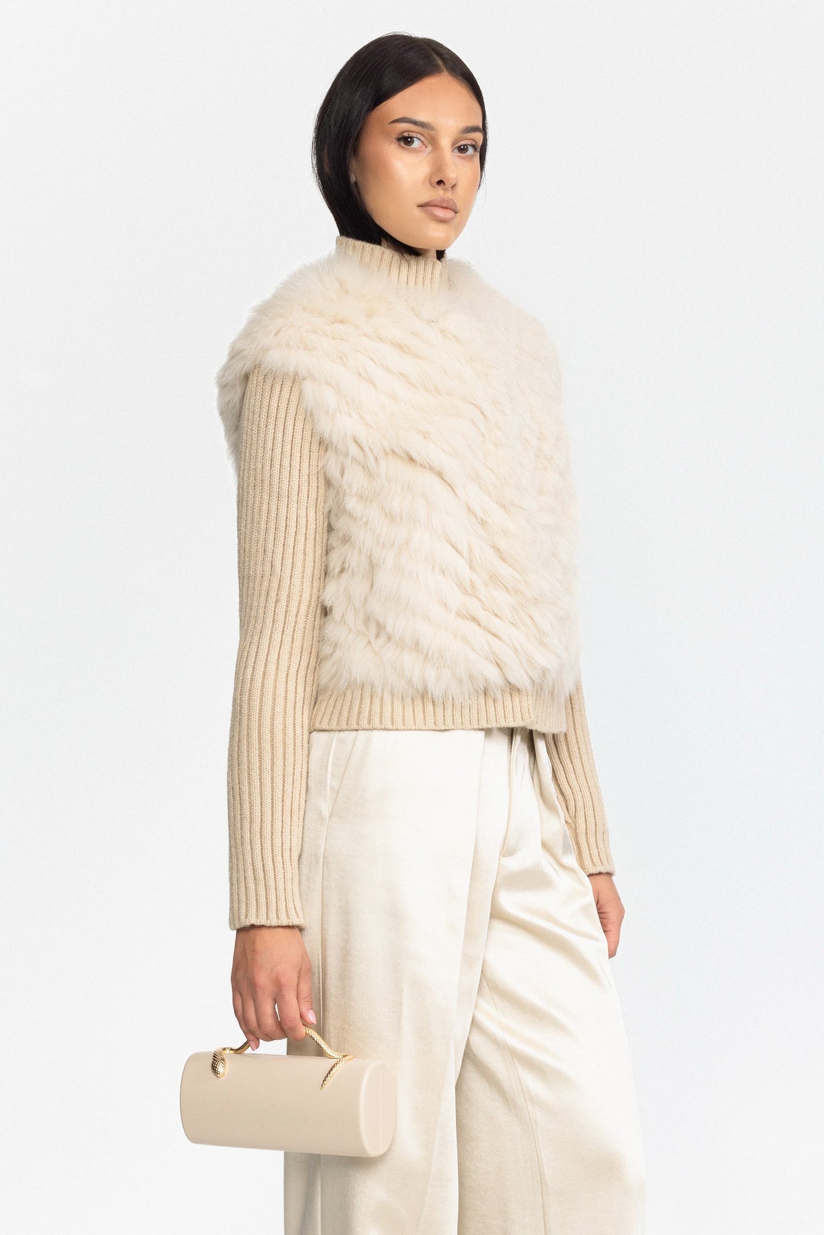 Knitted Fox Fur Jacket with Rib Knit Sleeves - Beige