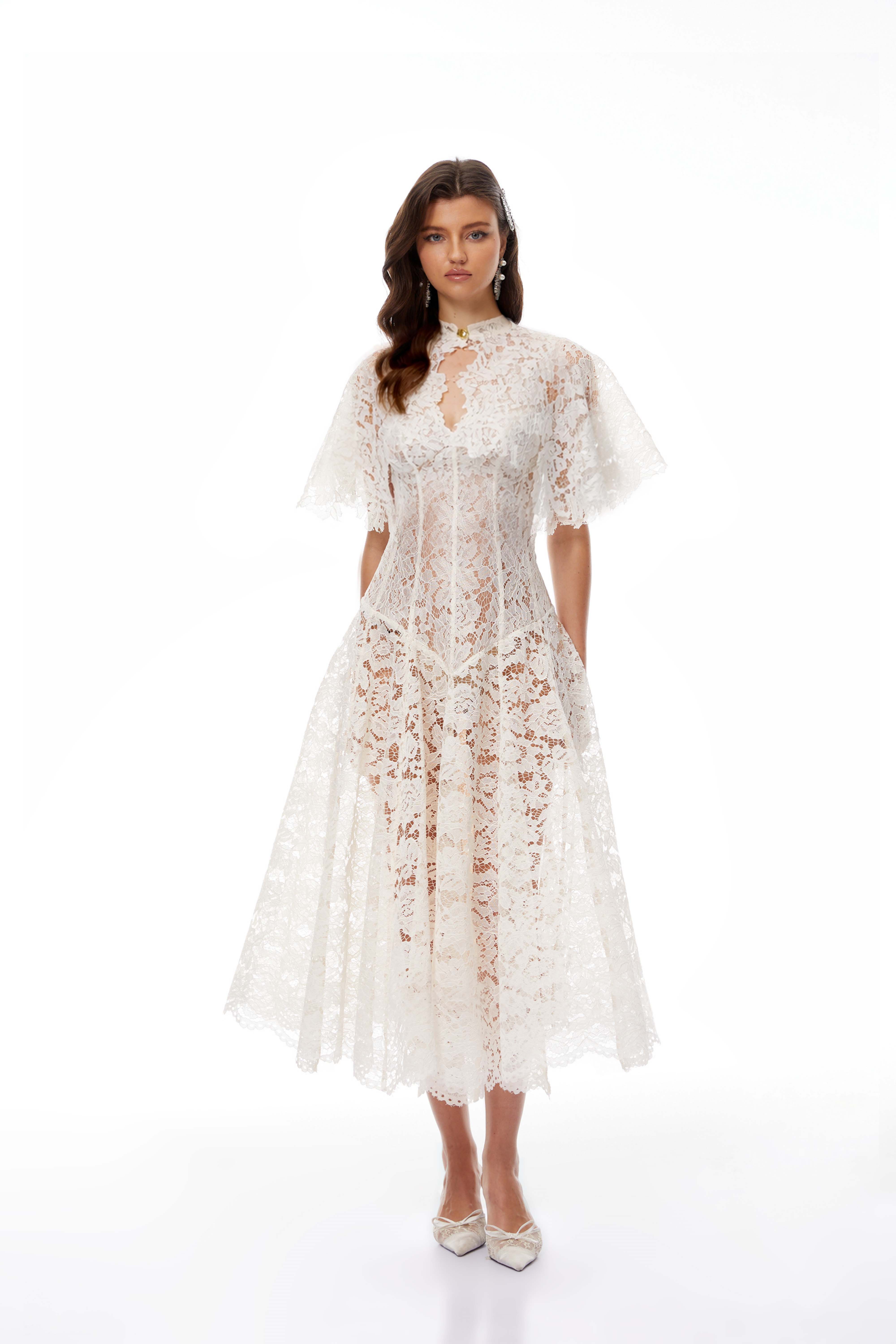 Alaia White Cape Design Floral Lace Midi Dress