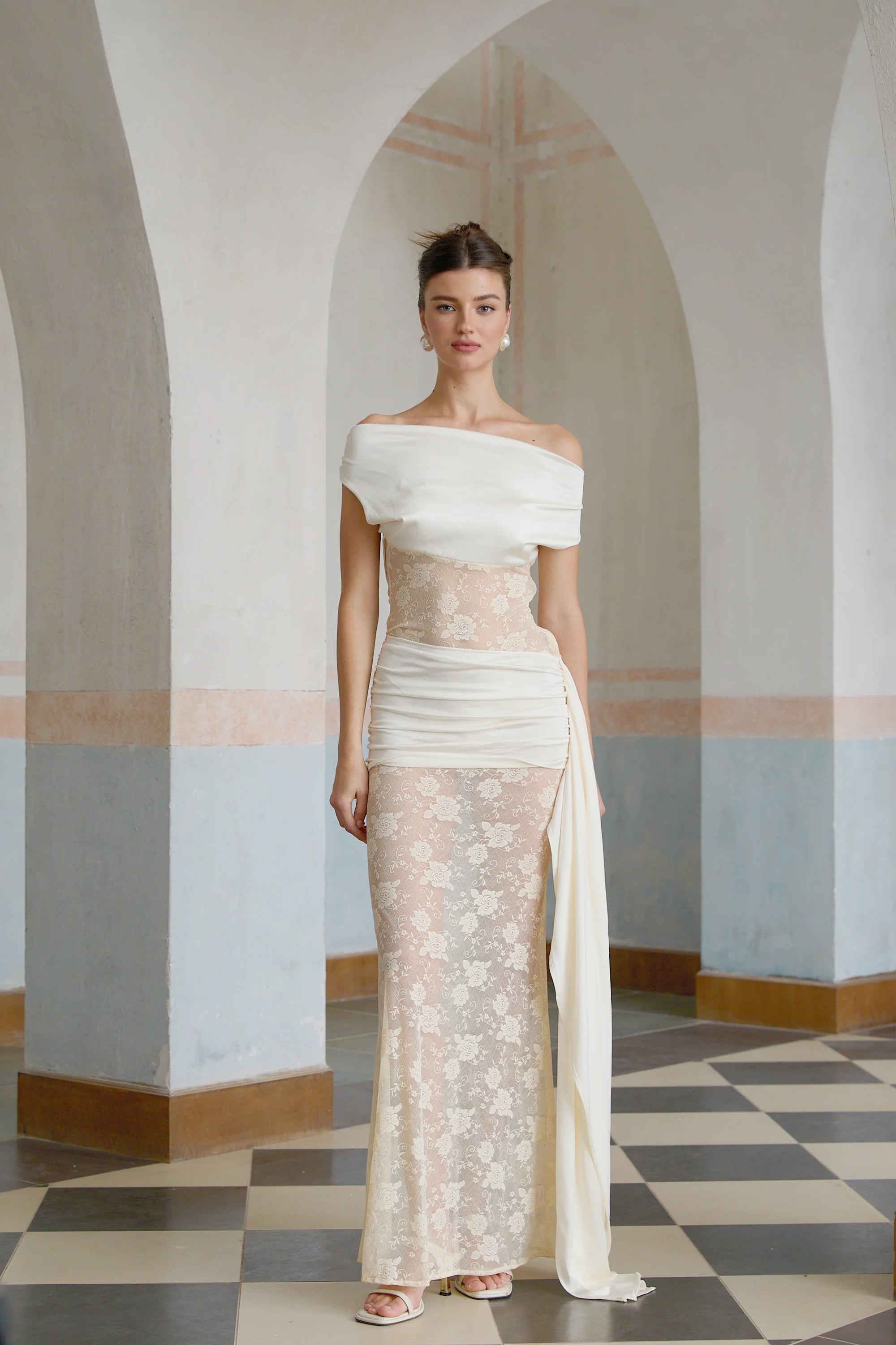 Lilou neutrals ribbon panelled floral-lace maxi dress