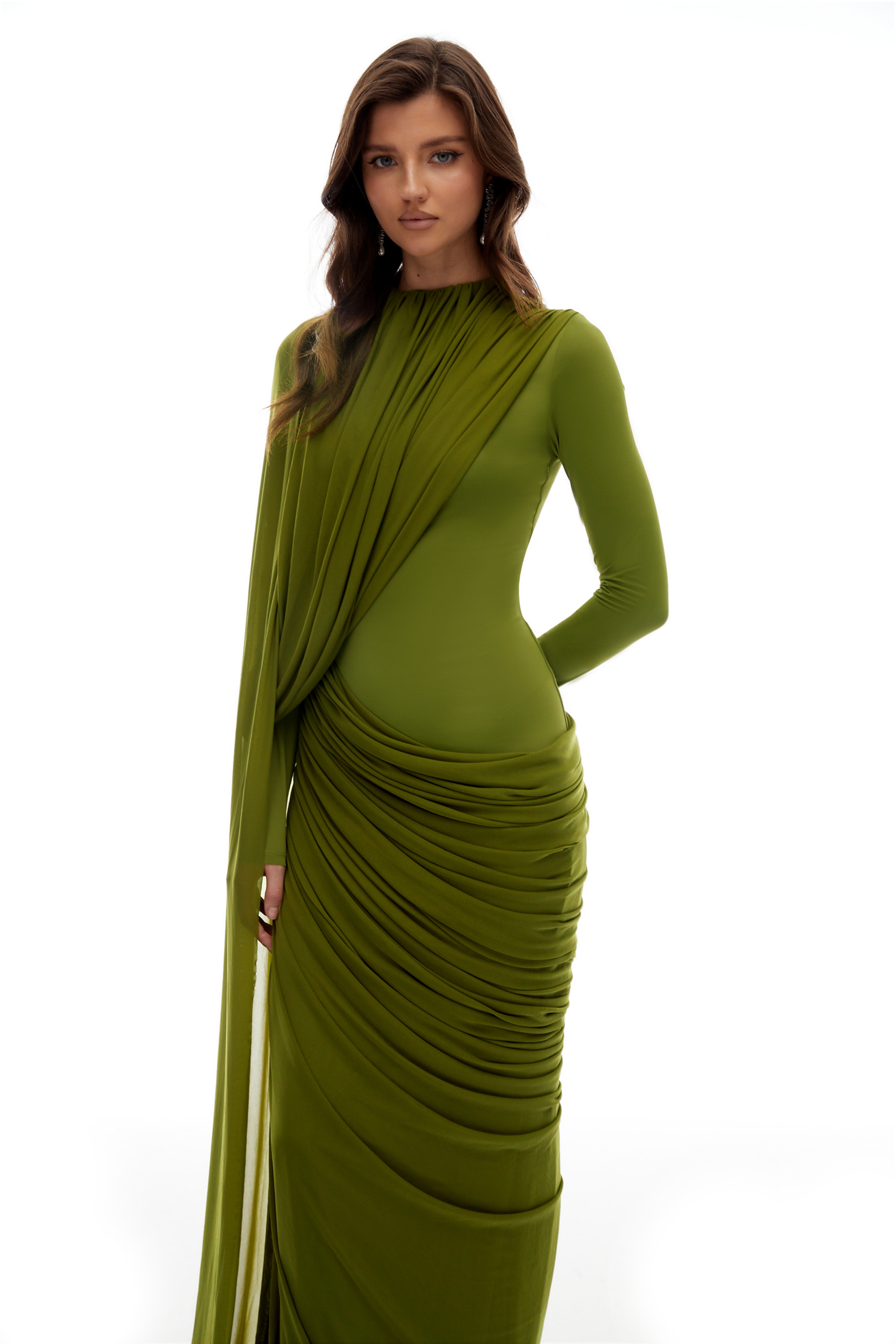 Emilia Green Asymmetrical Ribbon Draped Maxi Dress (Final Sale-US Only)