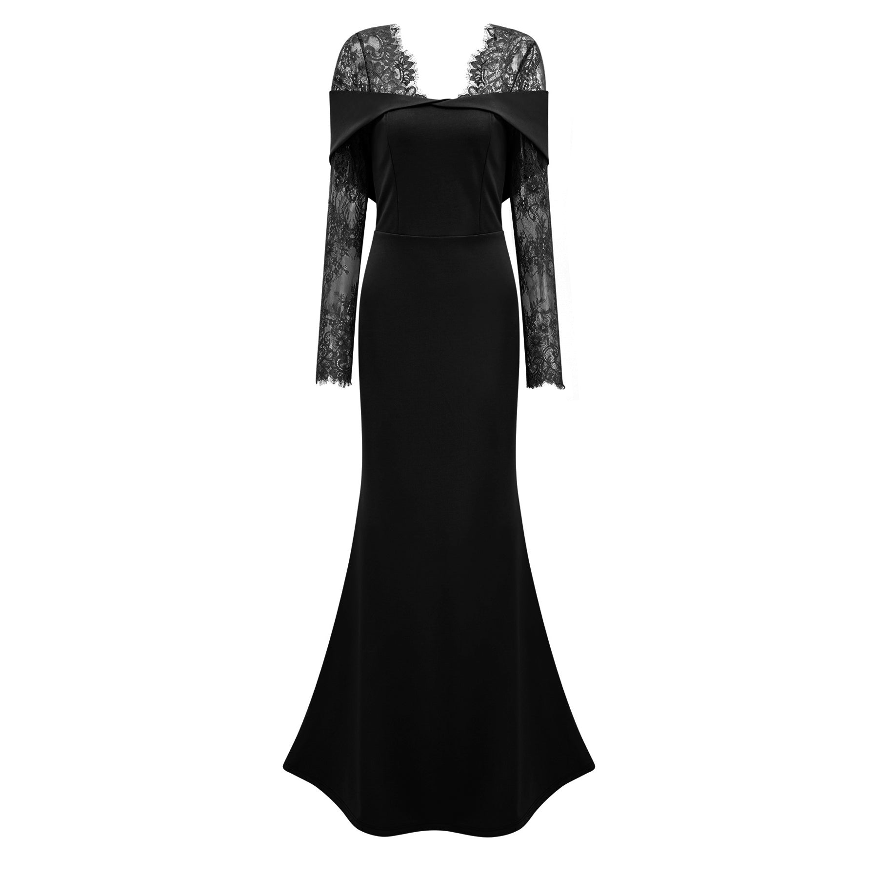 Georgiana Black Lace Panel Flared Maxi Gown