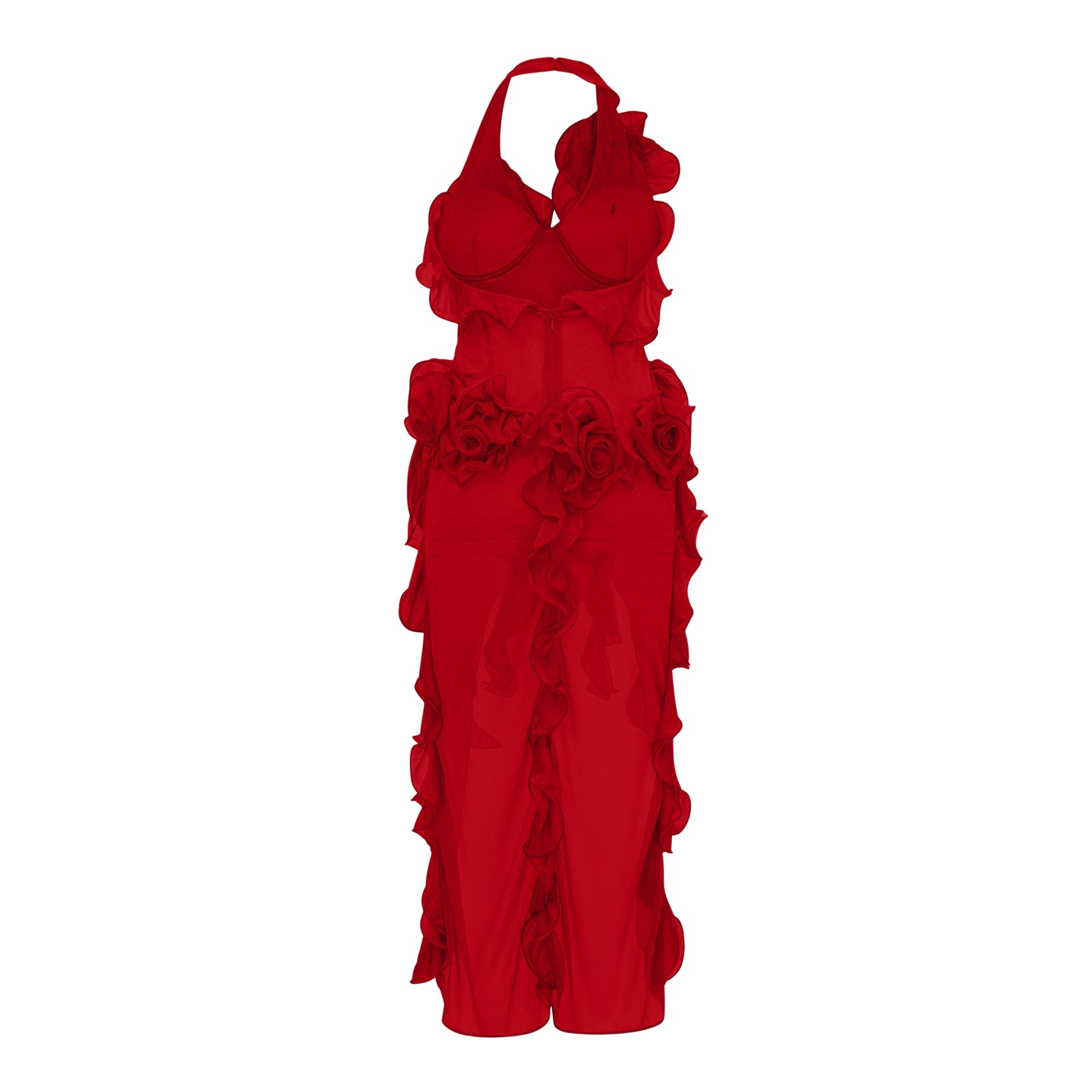 Hannabella Red Asymmetrical Ruffled Floral Mini Dress
