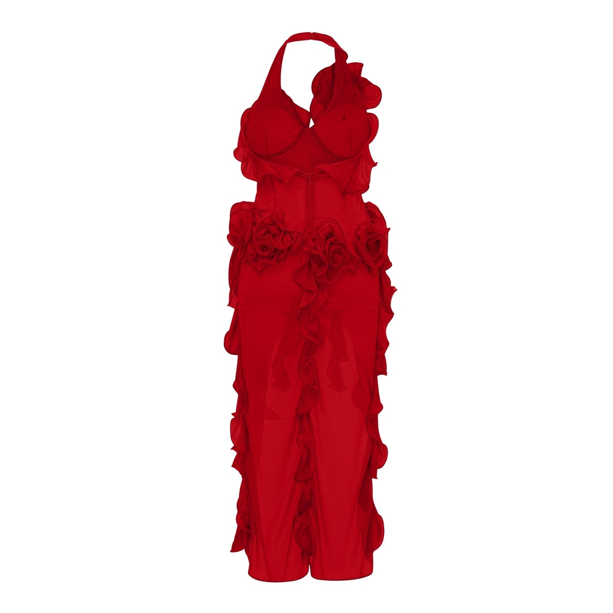 Hannabella Red Asymmetrical Ruffled Floral Mini Dress